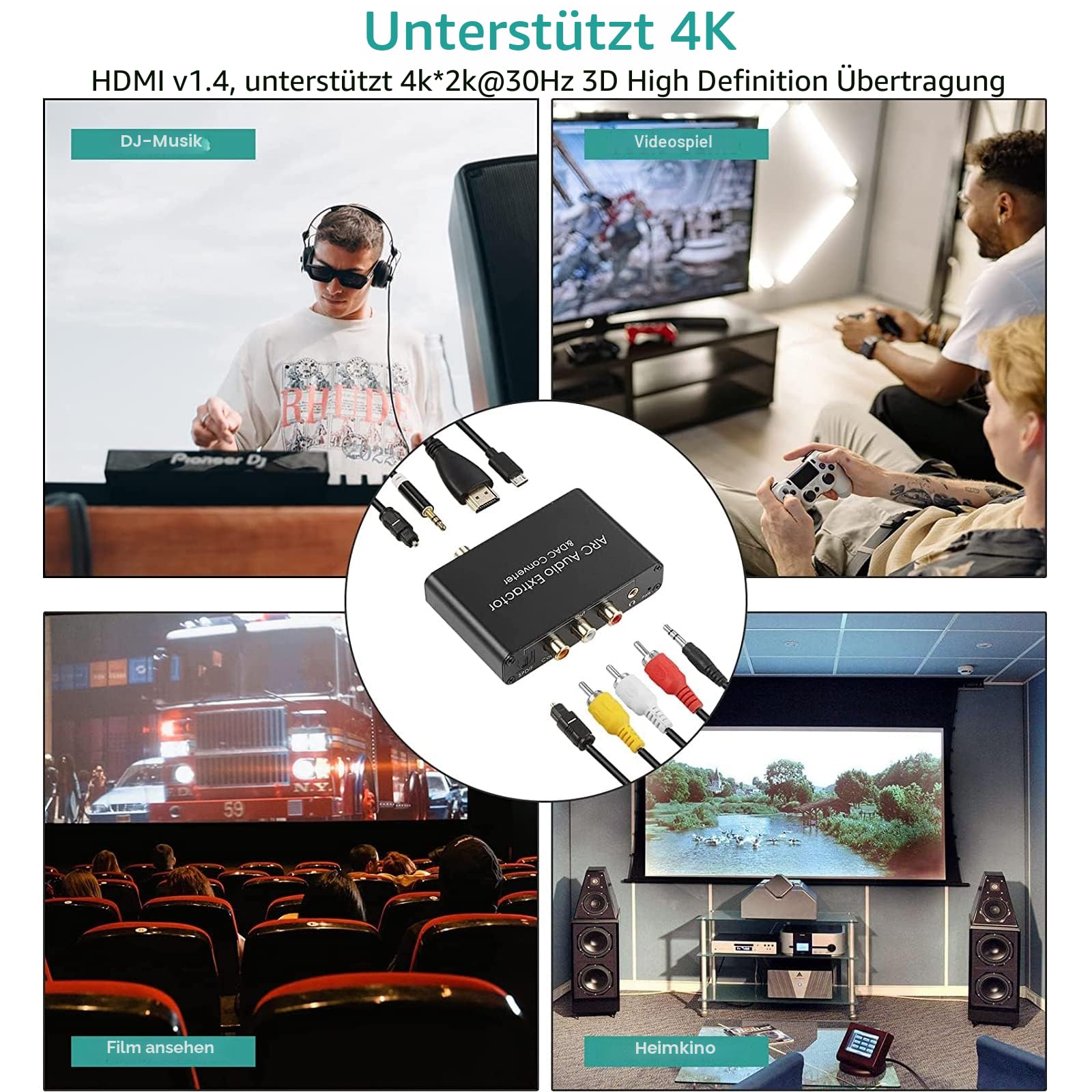 UNSTINCER HDMI ARC Audio Extraktor +192 KHz DAC Konverter 2.0/5.1, HDMI Digital Optical Spdif Toslink Coaxial zu Optisch Koaxial Analog Aux RCA 3,5mm, DA Wandler für DVD TV HDTV Blu-ray(ohne decoder)