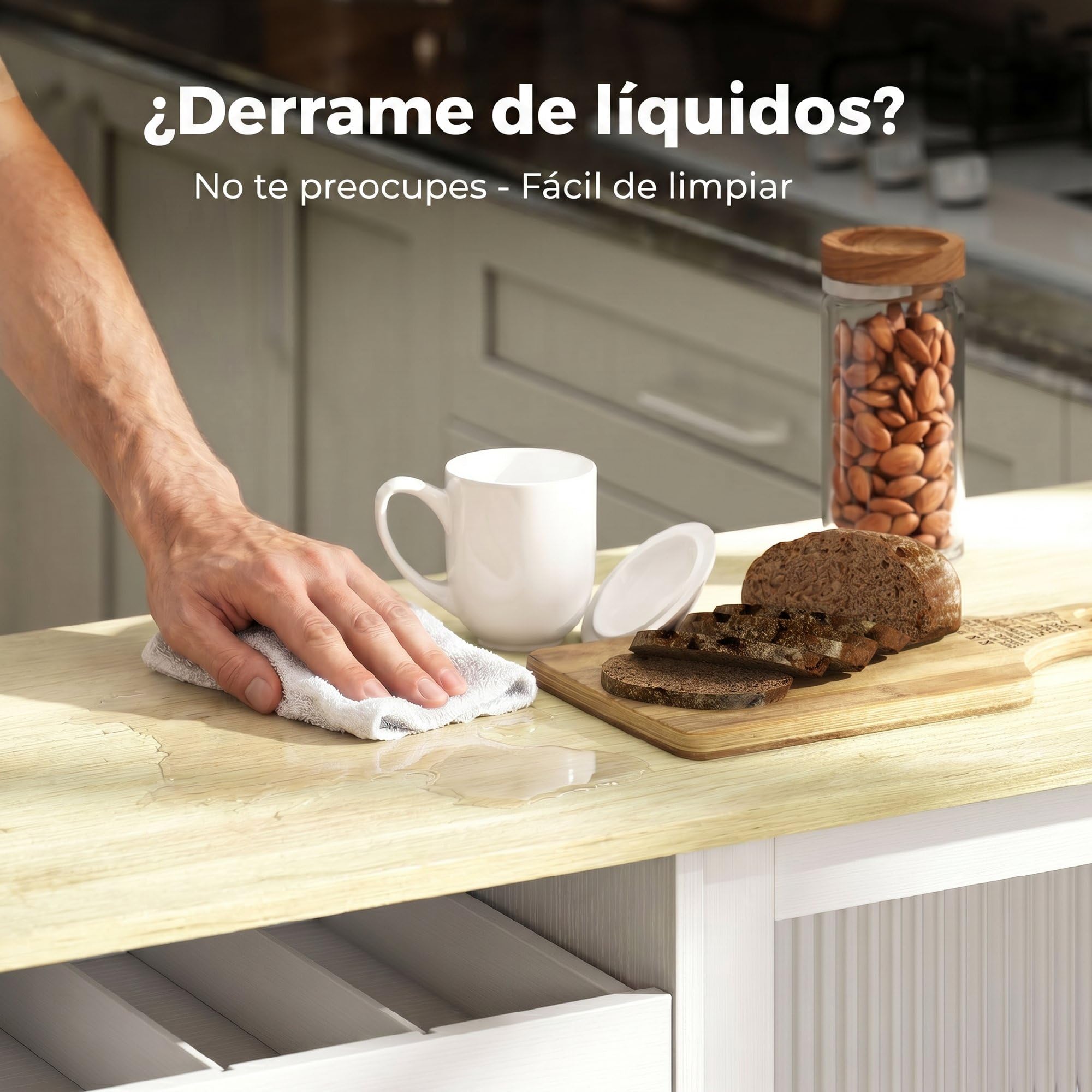HOMCOM Isla de Cocina con Encimera Abatible, Botellero, Blanco y Roble | Carrito de Cocina, Puertas Correderas de Vidrio, Ruedas, Cajón, Especiero y Estante Ajustable