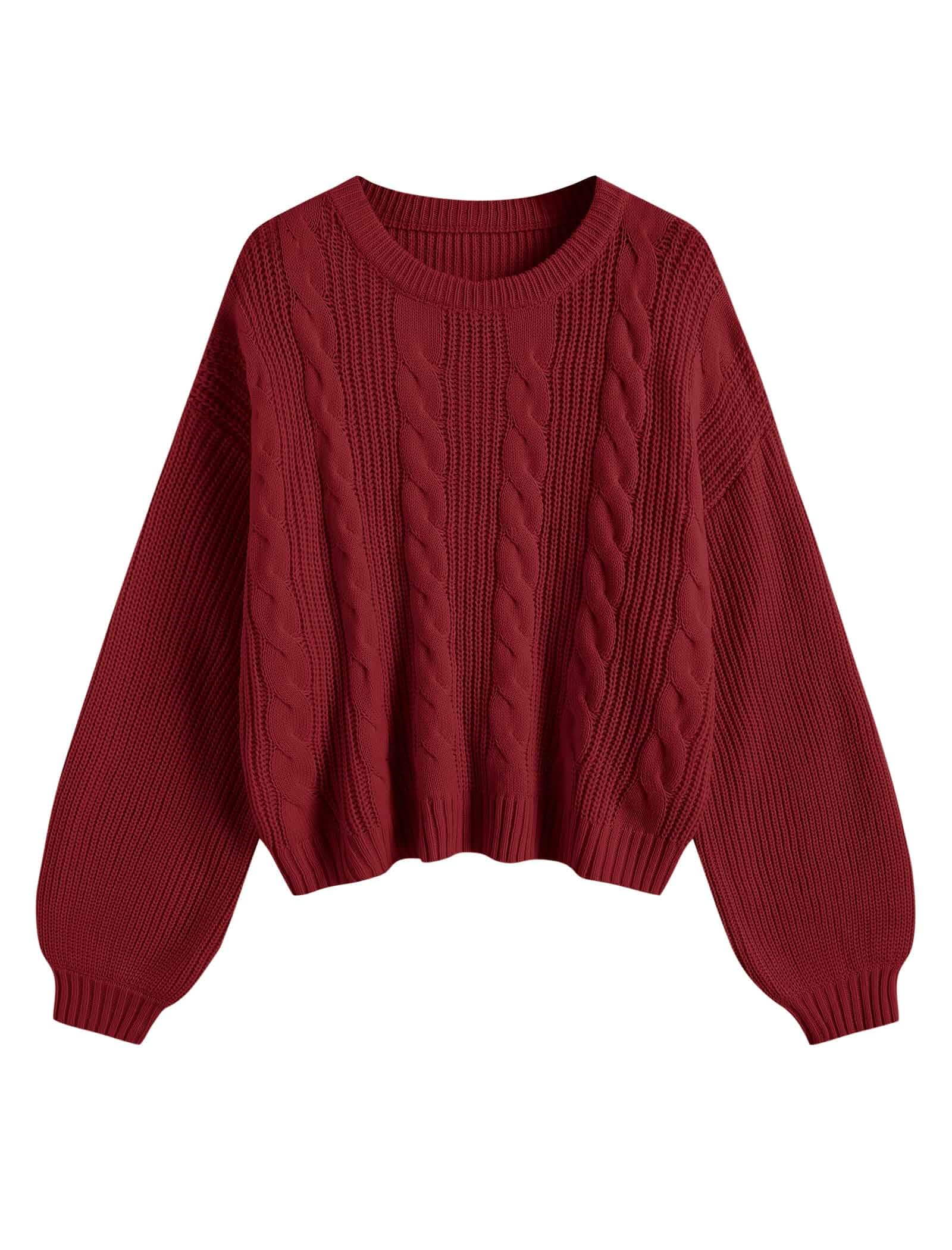 ZAFUL Women's Cable Knit Sweater Oversized Lantern Sleeve Pullover Top Crewneck, Chunky Knit Texture, Long Sleeve, Drop Shoulder Pullover Sweater, Fall Winter Outfits