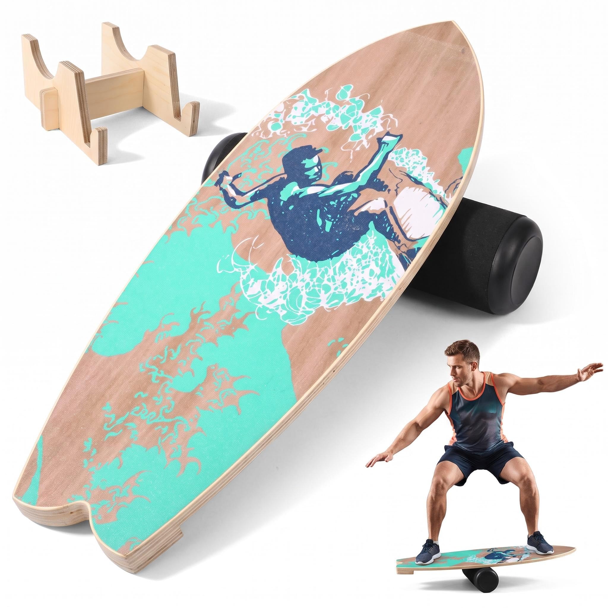 Surf Balance Board Erwachsene Kinder, Holz Wackelbrett 150kg | Holz Balance Board 75x28cm | 150kg belastbar | Mit Rolle & Ständer | Rutschfest | Surf Ski Skate