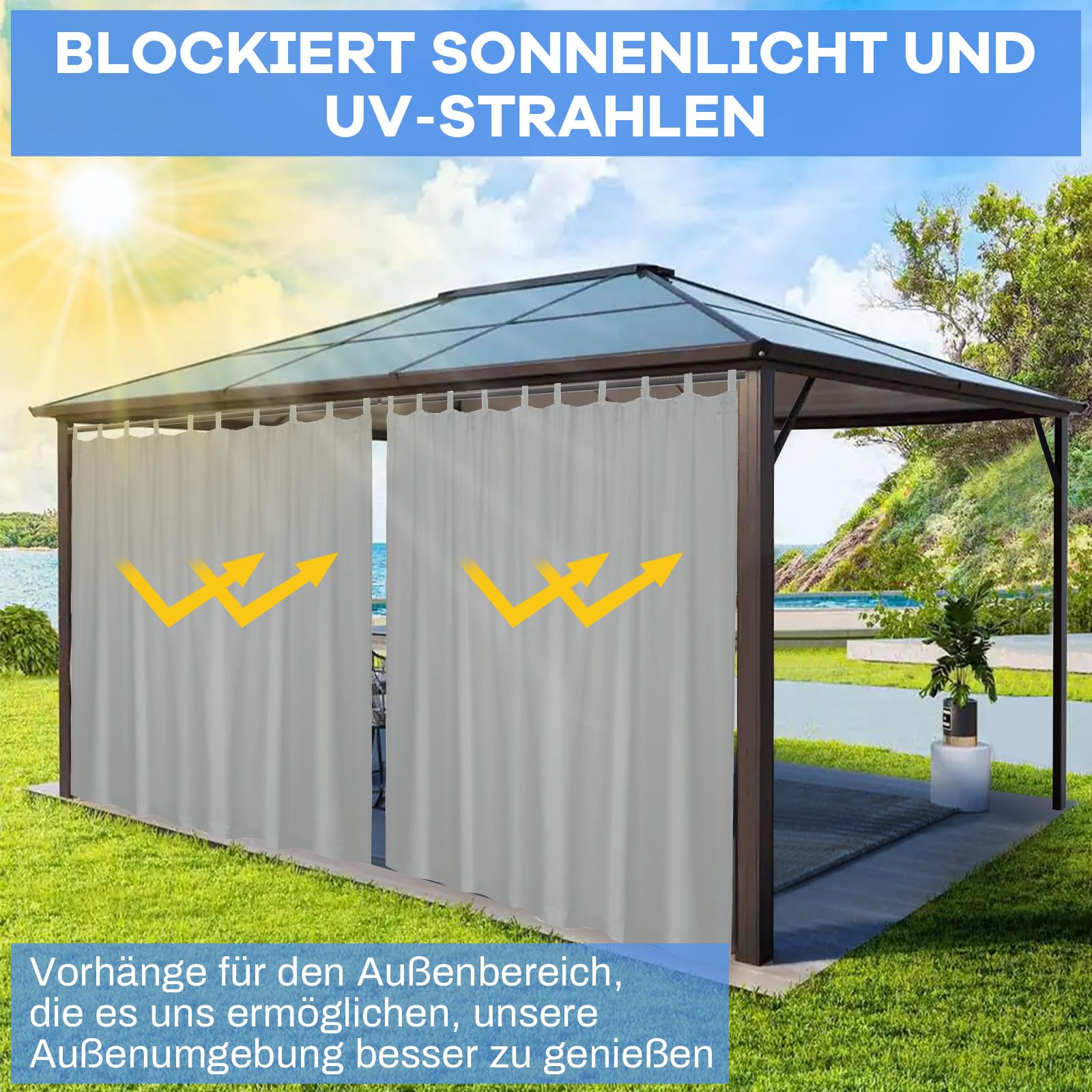 Lapalife Outdoor Vorhänge Wasserdicht,254x214cm Extra Breit Grau Outdoor Vorhang Sichtschutz Schutz für Balkon Terrasse Pergola Gartenlaube Veranda 1 Stück