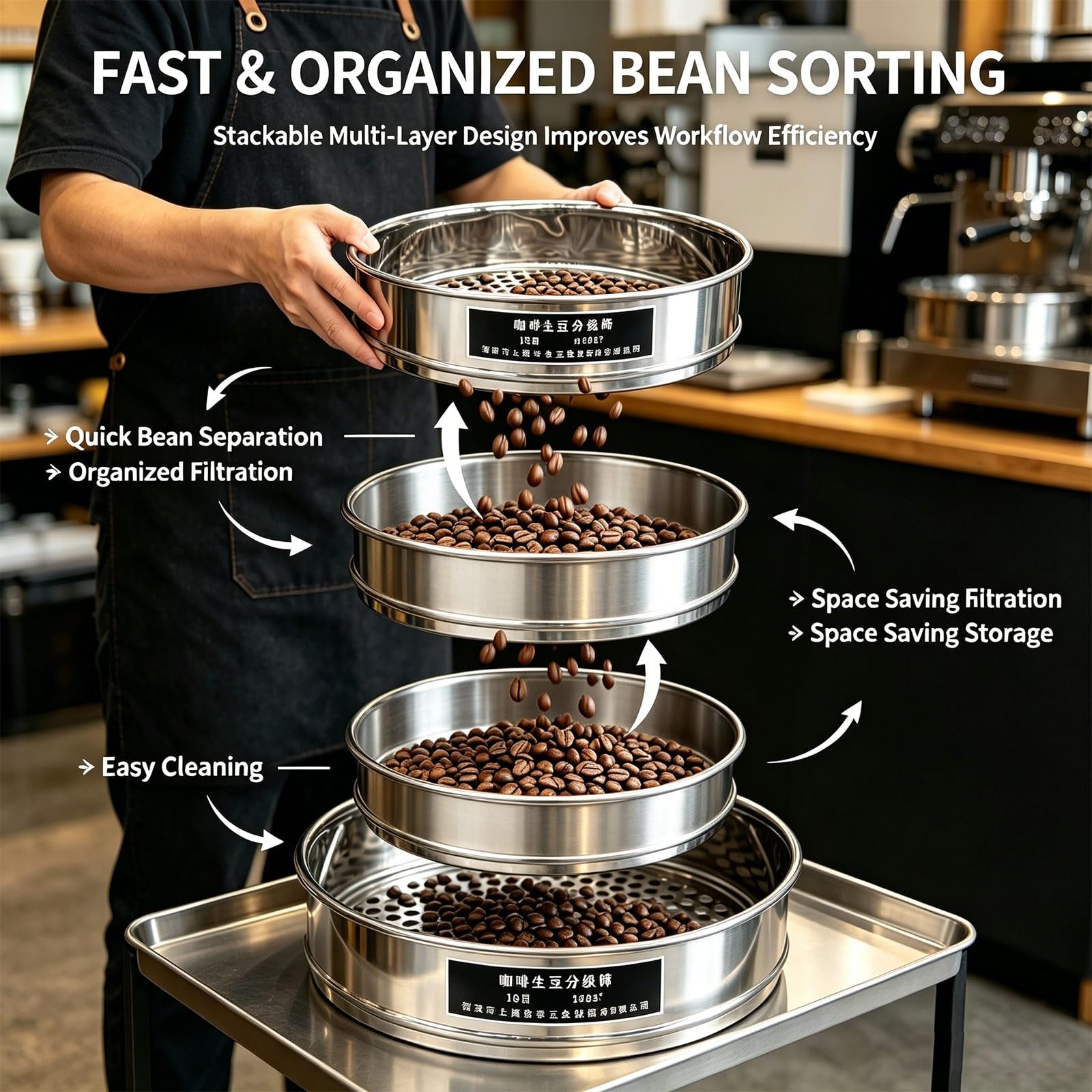 Colador De Malla Fina para Café, Tamiz Redondo De Acero Inoxidable con 10 Niveles Filtración, Bandeja Inferior Y Tapa para Tostado, Filtrado Y Análisis Café