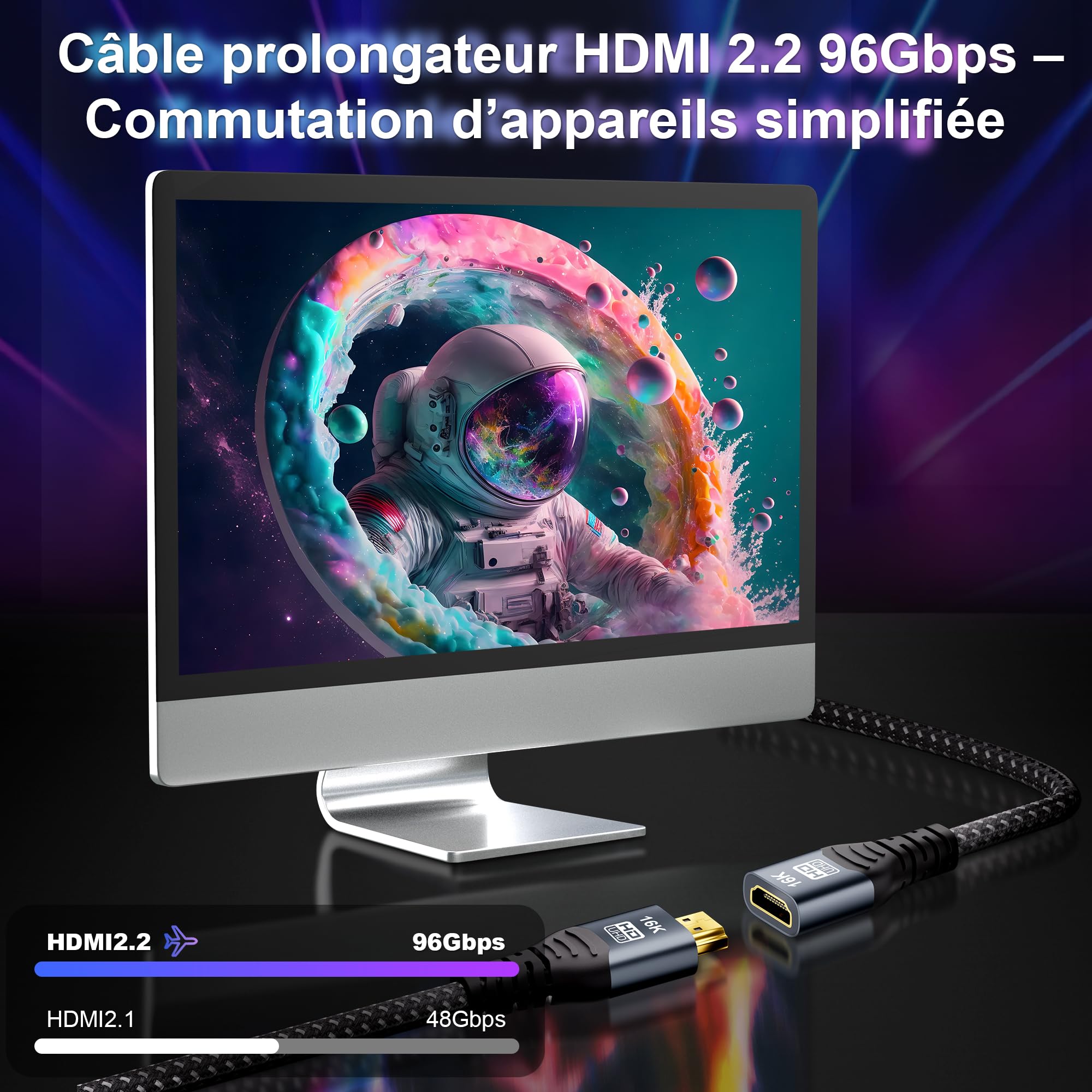 CAKOBLE Câble Prolongateur HDMI 2.2 0.5m, 96Gbps Ultra High Speed,16K@60Hz 8K@240Hz 4K@480Hz,HDMI 2.1,eARC, HDR10+, Dolby Atmos/Vision, HDCP 2.3,Mâle vers Femelle,pour TV PS5 Xbox Moniteur