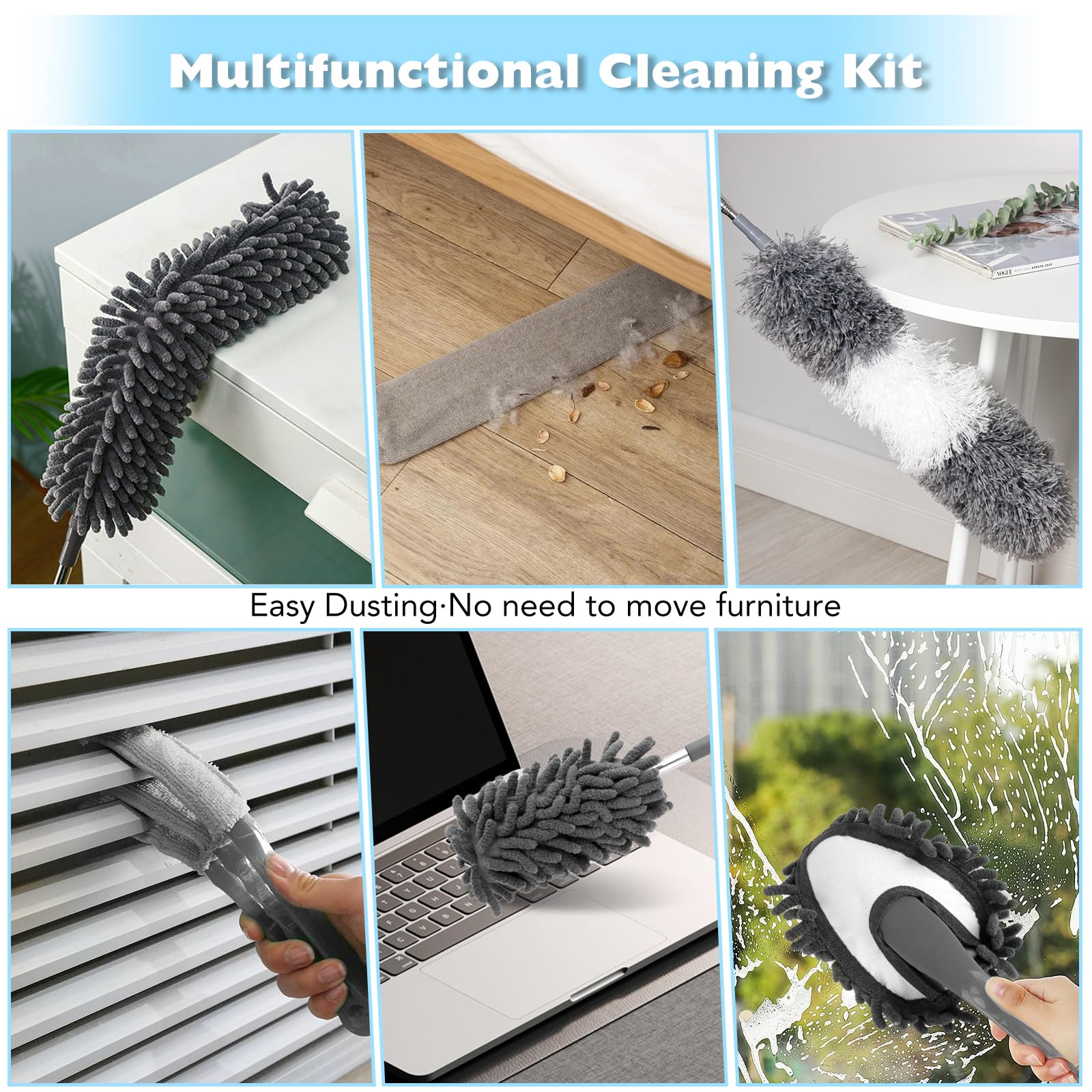 Plumeau Télescopique 5 Pièces - Manche Fibre De Carbone Jusqu'à 7,3 M - Microfibre Lavable - Pour Plafonds, Vitres, Toiles D'araignée