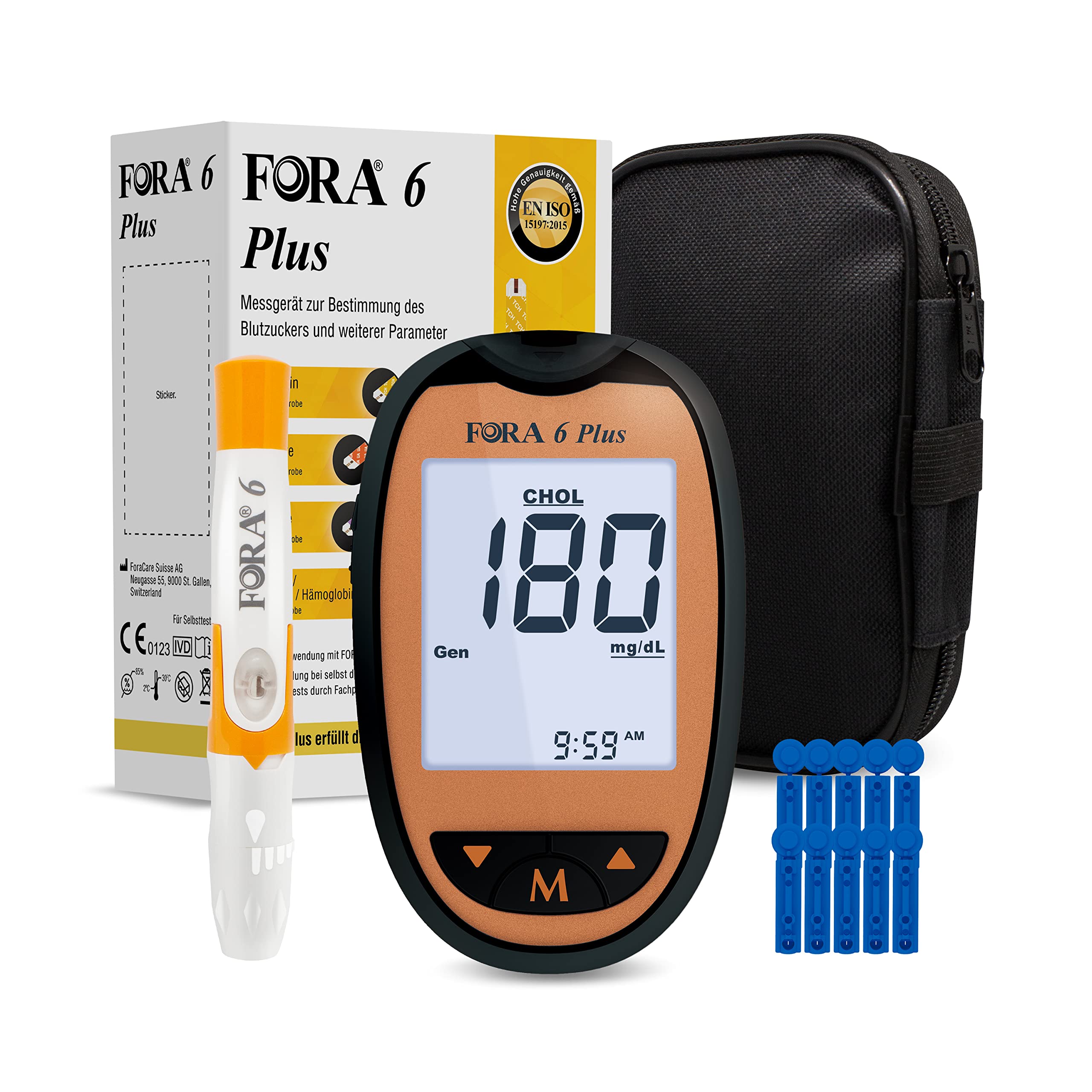 FORA 6 Plus- Multifunktions-Messsystem, Blutzucker (BG), Hämatokrit (HCT), Hämoglobin (HB), ß-Keton (KB), Harnsäure (UA) und Cholesterin (TCH), ohne Teststreifen