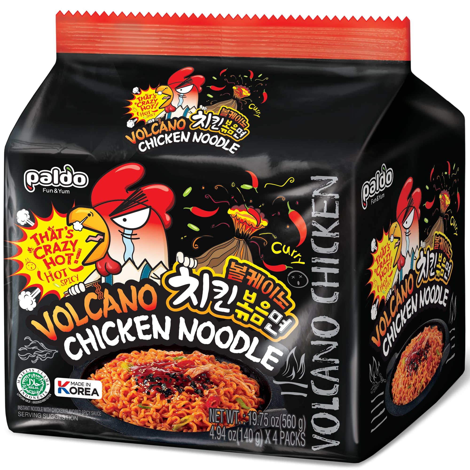 PALDO FUN & YUM Volcano Hot & Spicy Chicken Flavored Instant Ramen, 4.93 Ounce (Pack of 4)