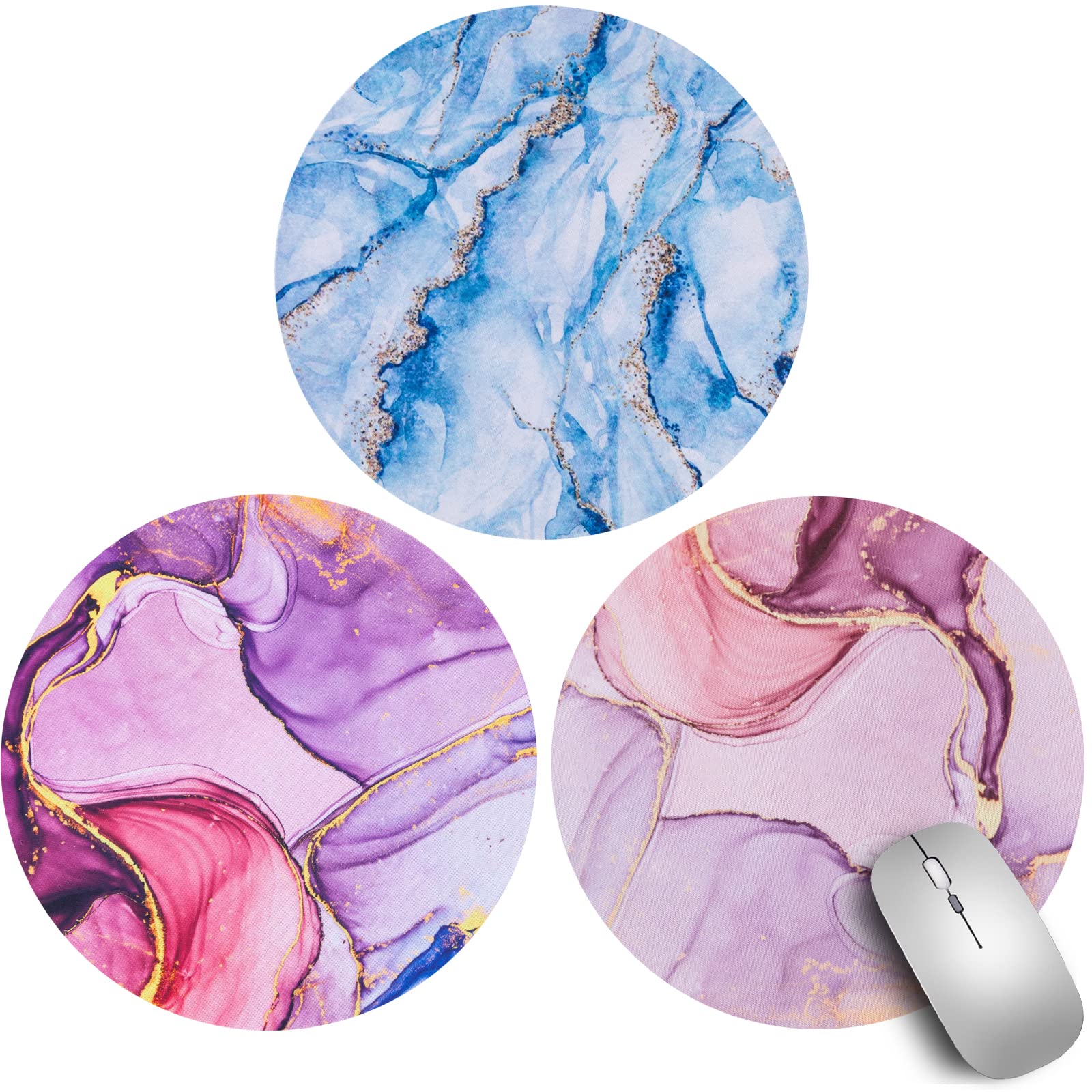 3 Pack Mouse Pads Marble Cute MouseMat for Home Office Work Desk Computer Laptop Travel Small Mousepad 7.9 in Soft Smooth Patterned Fabric Rubber Base Pretty Non-Slip Moves Easily