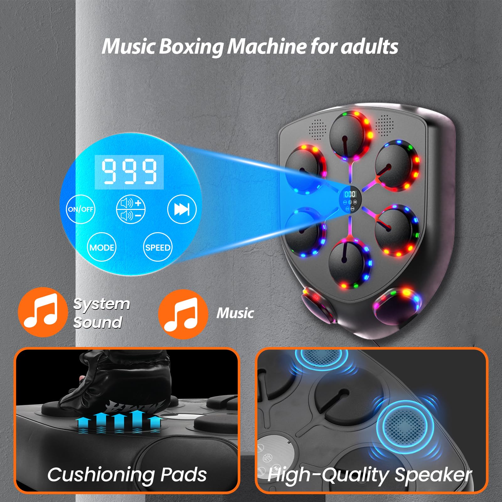 Ark miido Máquina de Boxeo Música Adulto, Music Boxing Machine Bluetooth con Guantes Boxeo para Adulto, 9 Modos de Velocidad Boxeador de Pared Musical para Entrenamiento de Boxeo Familiar