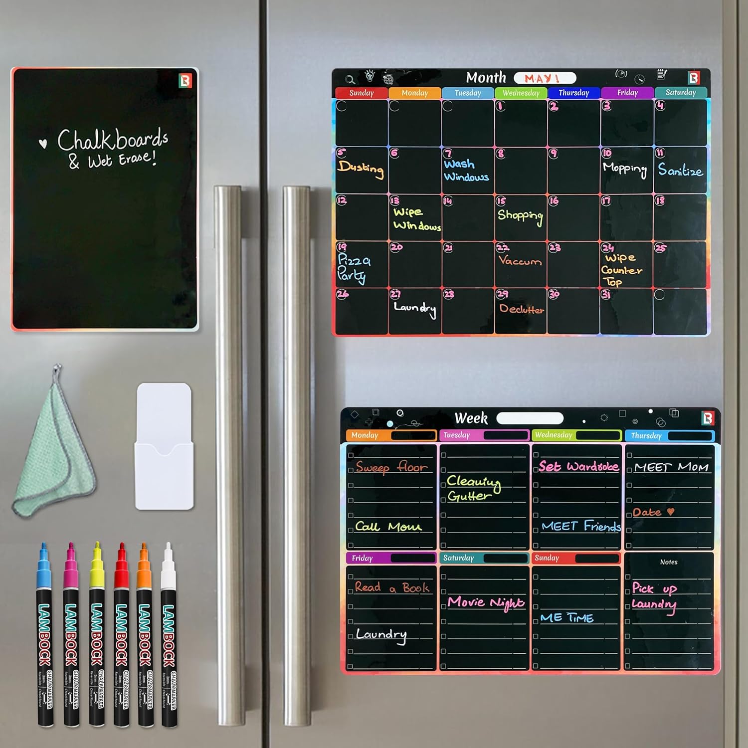 Set of 3 Dry Erase Boards for Fridge - Monthly Dry Erase Calendar x 1 | Weekly Magnetic Chalkboard Calendar x 1 | Magnetic Pen Holder, 6 x Chalk Markers