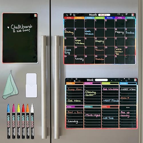 Juego de 3 pizarras de borrado en seco para refrigerador, 1 calendario mensual de borrado en seco, 1 calendario semanal de pizarra magnética,