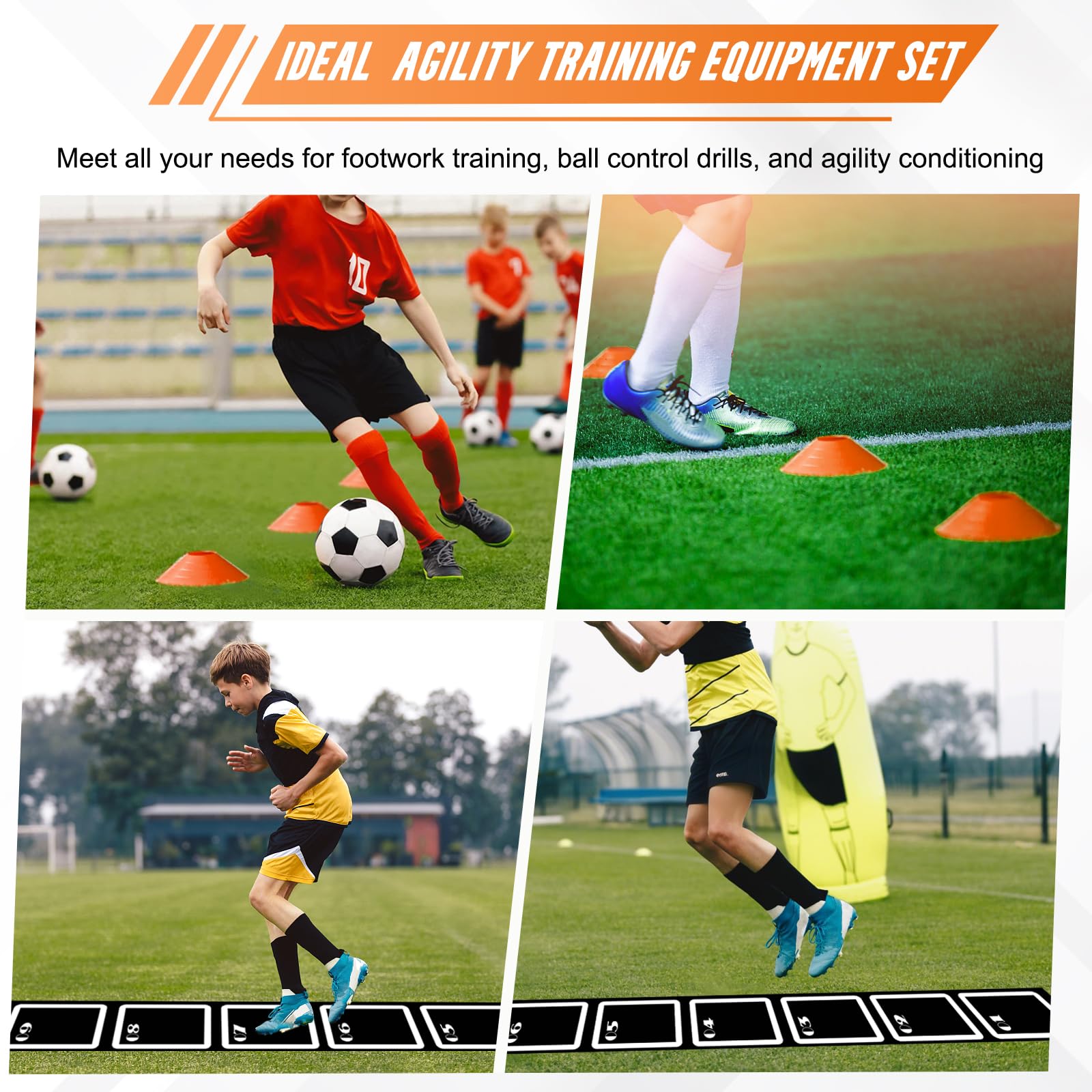 Juego de escaleras de agilidad: escalera de entrenamiento de agilidad antideslizante de goma de 15 pies con 10 conos de fútbol para entrenamiento de agilidad al aire libre, equipo de