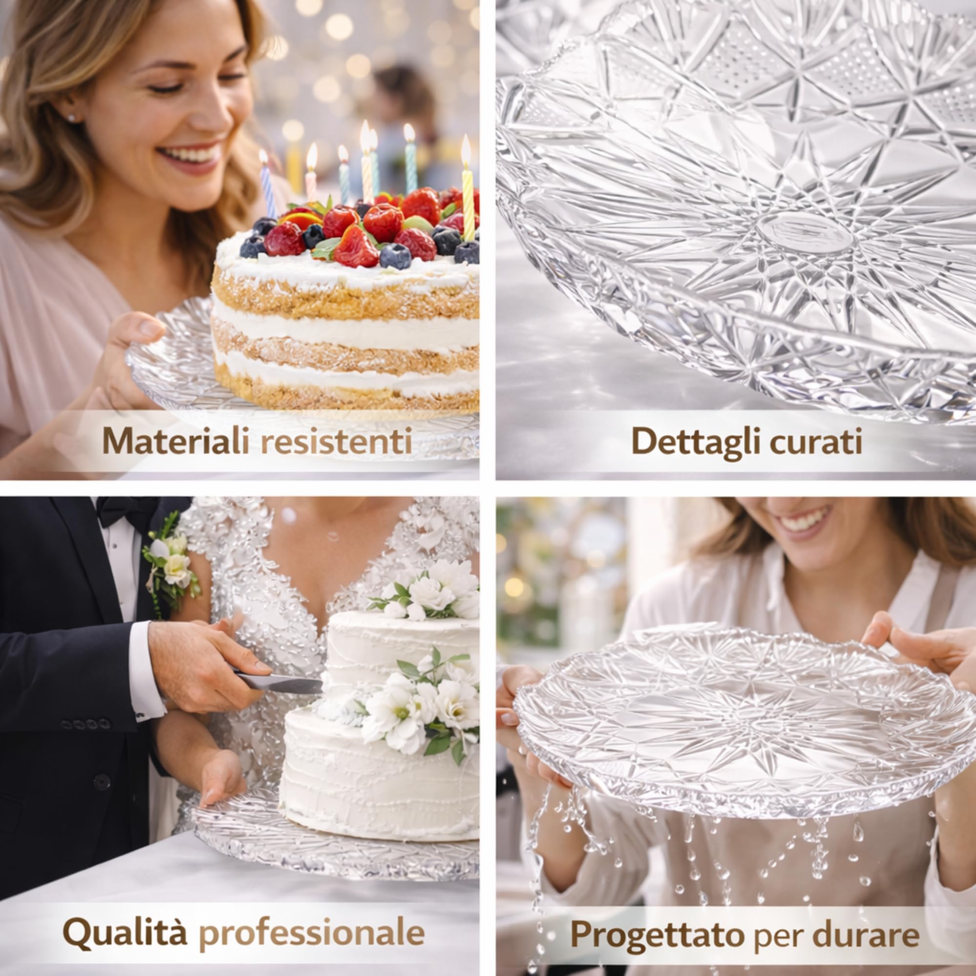 5 Vassoi Porta Torta Rotondi (Ø 33,5 cm) - Trasparenti con Decorazione a Stella in Plastica RESISTENTE e RIUTILIZZABILE - Porta Torte per Pasticceria, Feste, Compleanni, Matrimoni e Altro