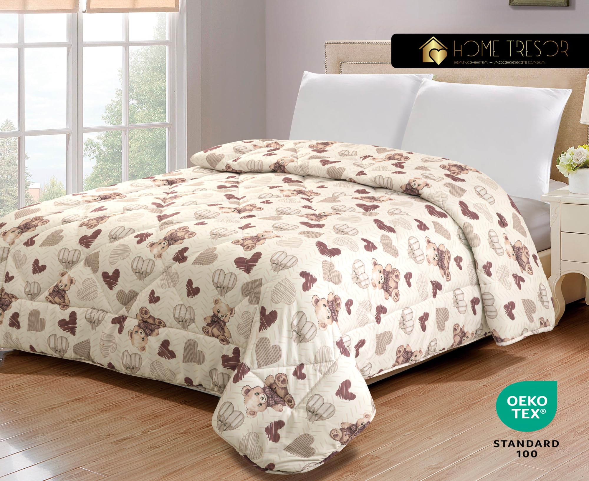 Home Tresor - Trapunta Invernale Matrimoniale Imbottita in Morbida Microfibra Piumone Letto Trapuntato Caldo Due Piazze 250 x 250 cm Autunno Inverno Coperta Fantasia Monella Abbracci d'Orsetto Beige