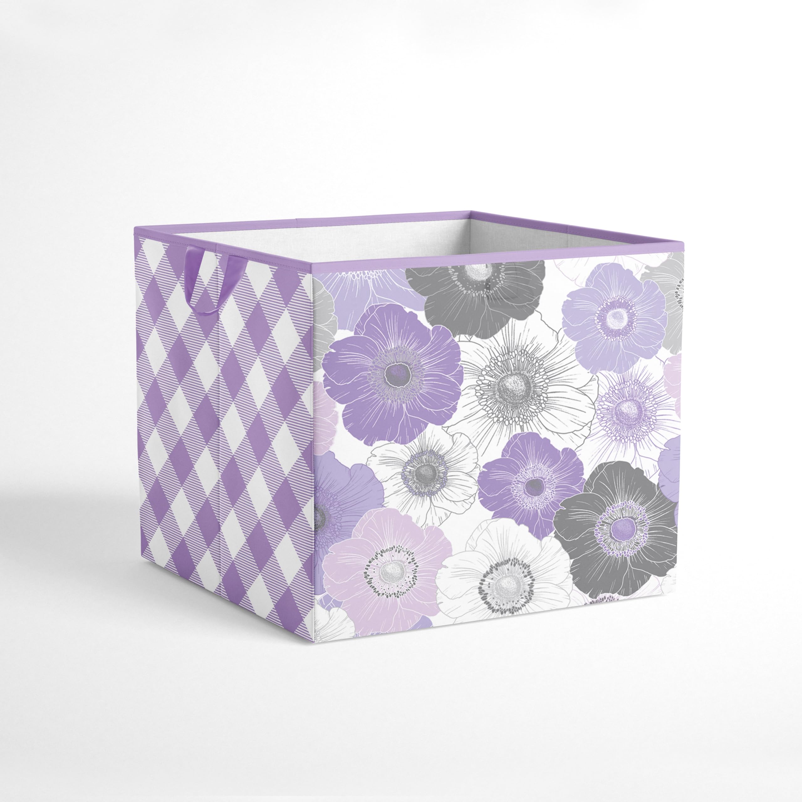 Bacati - Large Storage Tote Watercolor Flowers Purple/Gray 14 x 14 x10 inches