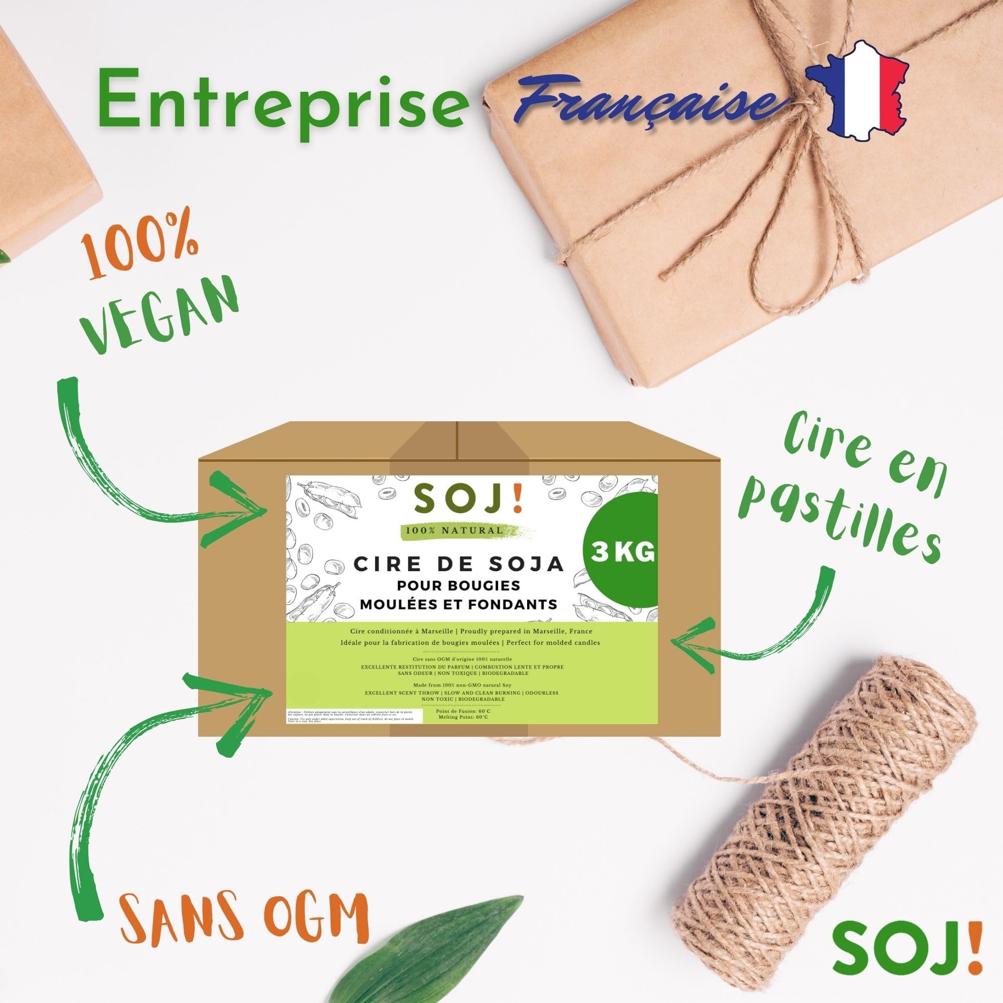Cire de soja pour bougie moulée et fondant en pastille, Cire pour bougies sans OGM, 100% Naturelle et vegan, fabrication de bougies végétales, conditionnée en France (3KG)