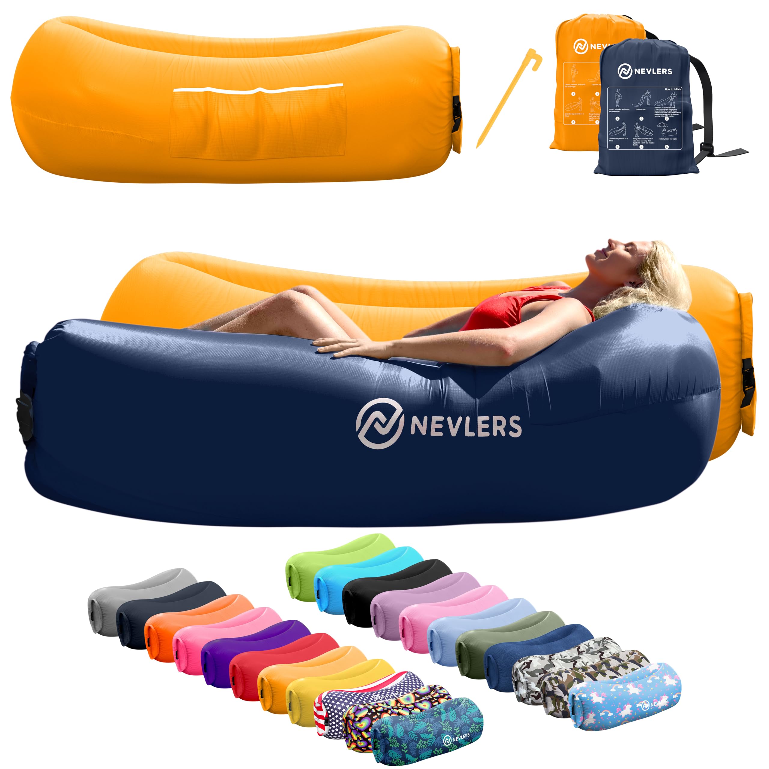 Nevlers Navy & Saffron Inflatable Lounger 2 Pack | 210T Polyester Blow Up Couch | No-Pump Inflatable Chair Set | Air Couch w/ 450 lbs. Capacity, Pockets & Carry Bags For Use as Beach Accessories