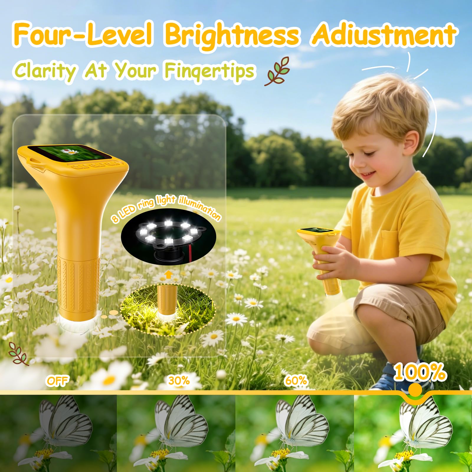 Microscope Enfant Portable 1000X – Microscope Numérique avec Écran IPS 2 Pouces et 8 LED, Fonction Photo & Vidéo, Cadeau d’Anniversaire Scientifique pour Garçons et Filles (Jaune)