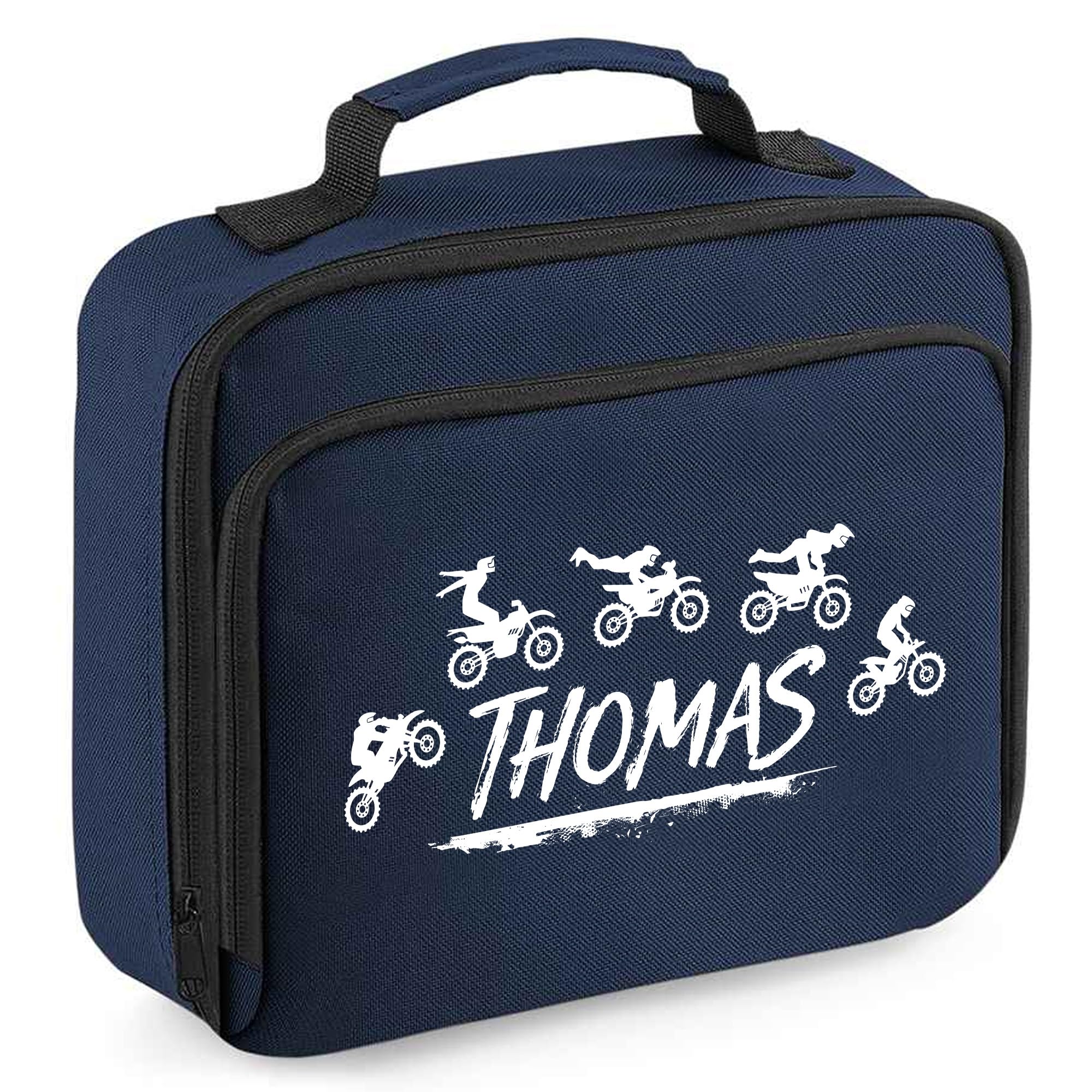 Purple Print House Boys Personalised Motocross Lunch Bag - Custom Name Dirt Bike Jump Lunchbox - Off Road Motorbike Design - Back to School Nursery Gift, 24cm x 20cm x 8cm, Navy