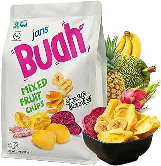 Buah Mixed Fruit Chips, 7 Oz — Tropical Mix of Red Dragonfruit, Pineapple, Banana, Jackfruit, Taro, Pumpkin Chips - Deliciously Sweet & Crunchy Mixed Chips Snacks, Non-GMO, Gluten Free, Vegan