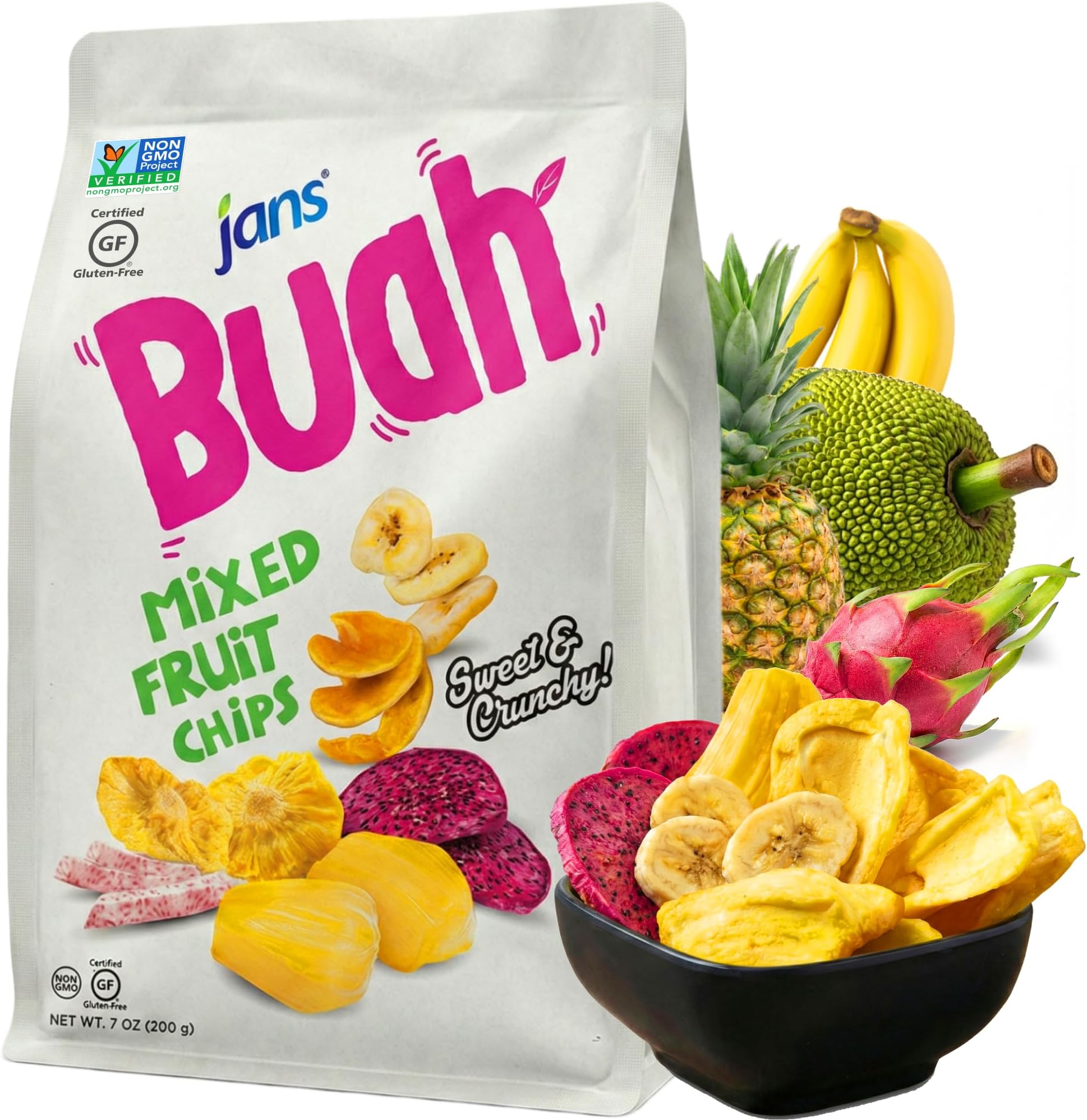 Jans Buah Mixed Fruit Chips, 7 Oz — Tropical Mix of Red Dragonfruit, Pineapple, Banana, Jackfruit, Taro, Pumpkin Chips - Deliciously Sweet & Crunchy Mixed Chips Snacks, Non-GMO, Gluten Free, Vegan