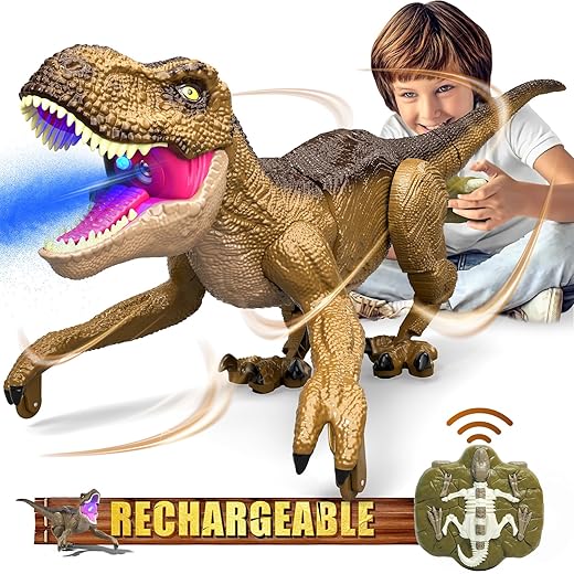 Sunrad Remote Control Dinosaur Toys for Kids 3-12, Rechargeable Jurassic Walking T-rex Toys with Mist Spray, LED Light & Roar, Robot Dinosaur Toys Gifts for 3 4 5 6+ Years Old Boys Girls Brown