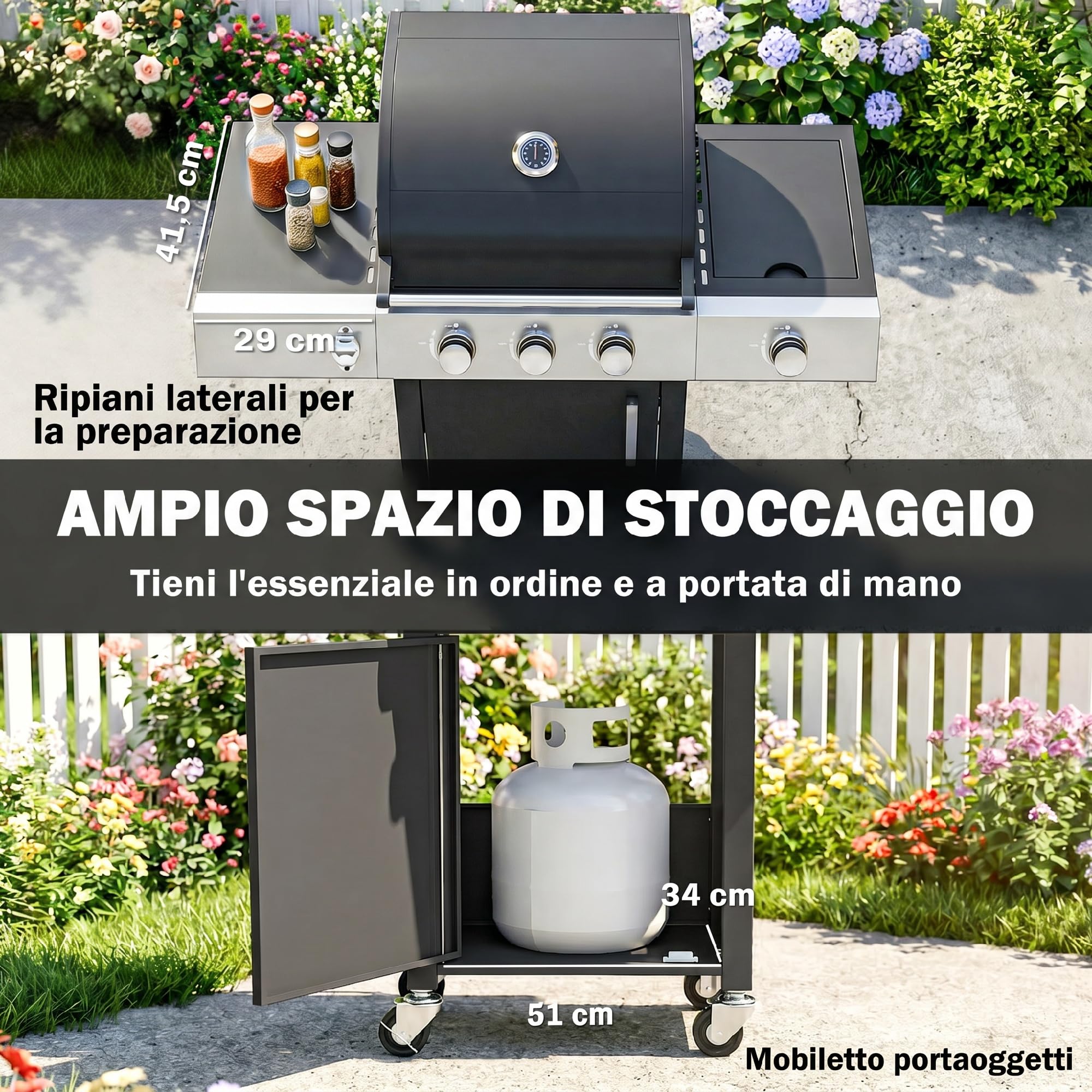 Outsunny Barbecue a Gas con 3+1 Bruciatori da 10.5 KW, BBQ a Gas Propano Portatile con Griglia, Ripiani Laterali, Vaschetta per Grasso, Armadietto, Termometro, Apribottiglie, Ruote, per Giardino, Nero