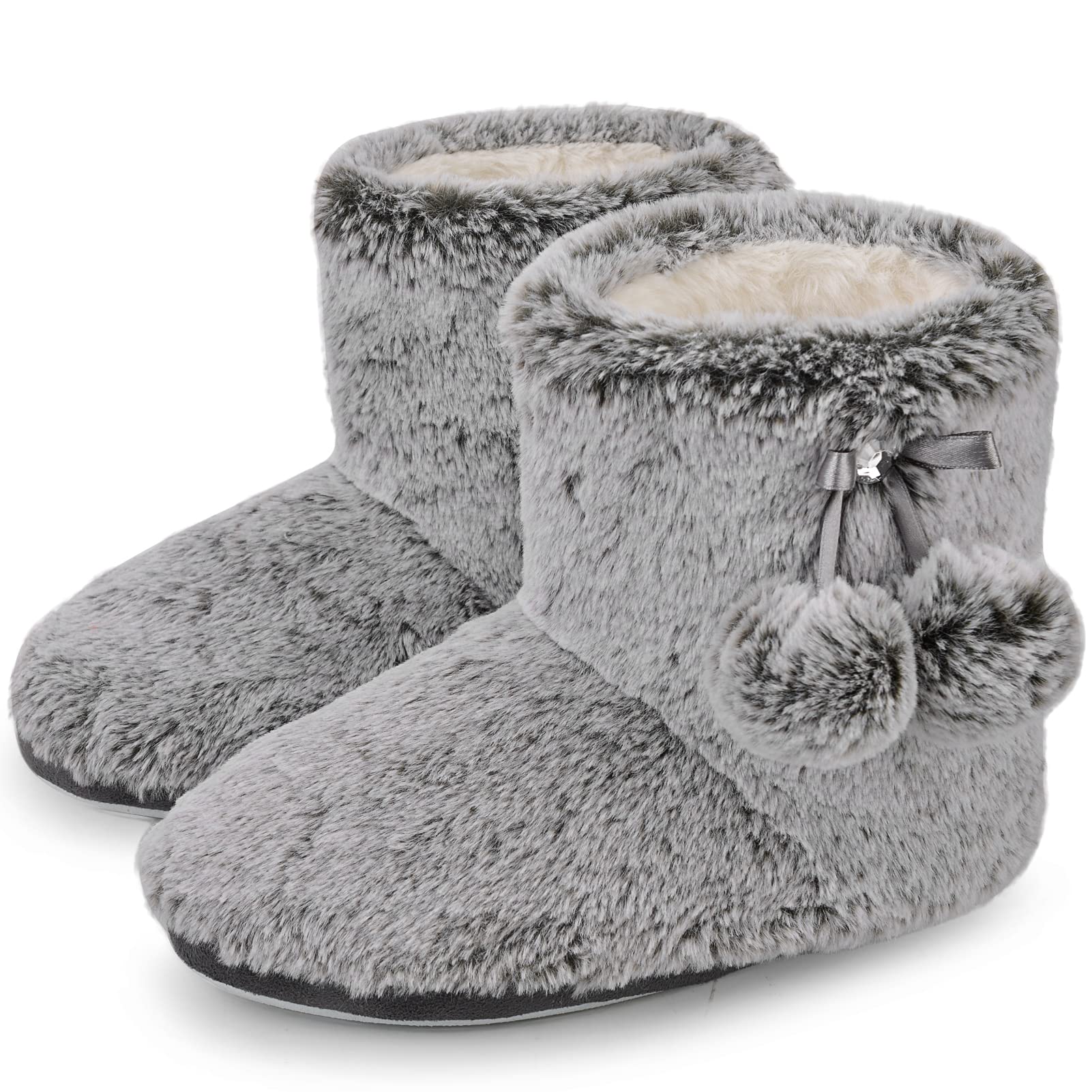 Photo 1 of DL Women's Cute Bootie Slippers Fluffy Plush Fleece Memory Foam Booties House Shoes Winter Booty Slippers with Pom Poms 9 