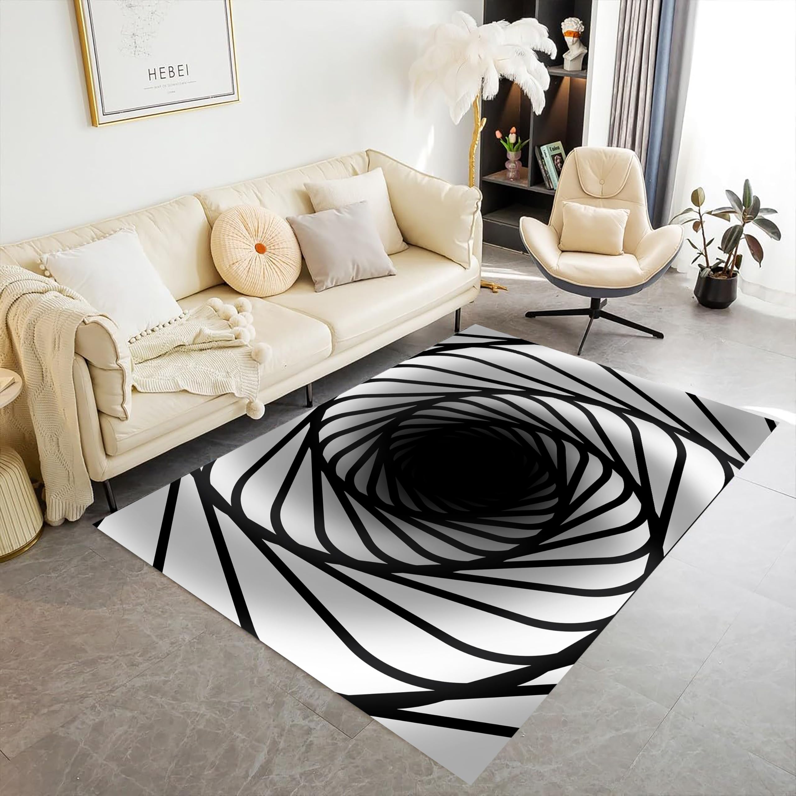 SOJAWA 3D Abstract Area Rug, 140x200cm Abyss Bottomless Pit Visual Illusion Rugs, Black Irregular Lines Psychedelic Vortex Carpets, Non-Slip Indoor Rug Suitable for Areas With High Traffic Volume