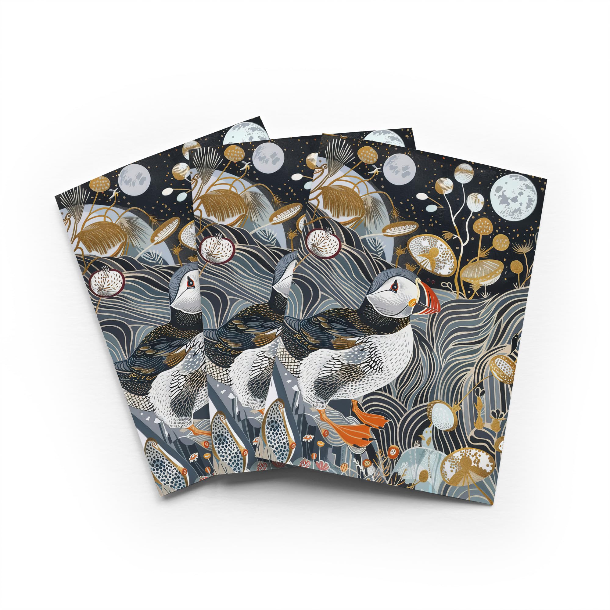 Stylised Puffin Moon Greeting Card Abstract Floral Any Occasion Set of 3 Blank Inside 5x7 Inch 13x18 cm