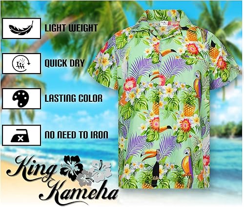 Vista 5 de Camisa hawaiana para hombre, casual, con botones, manga corta, unisex, flores, para fiesta en la playa, con flamenco y flores