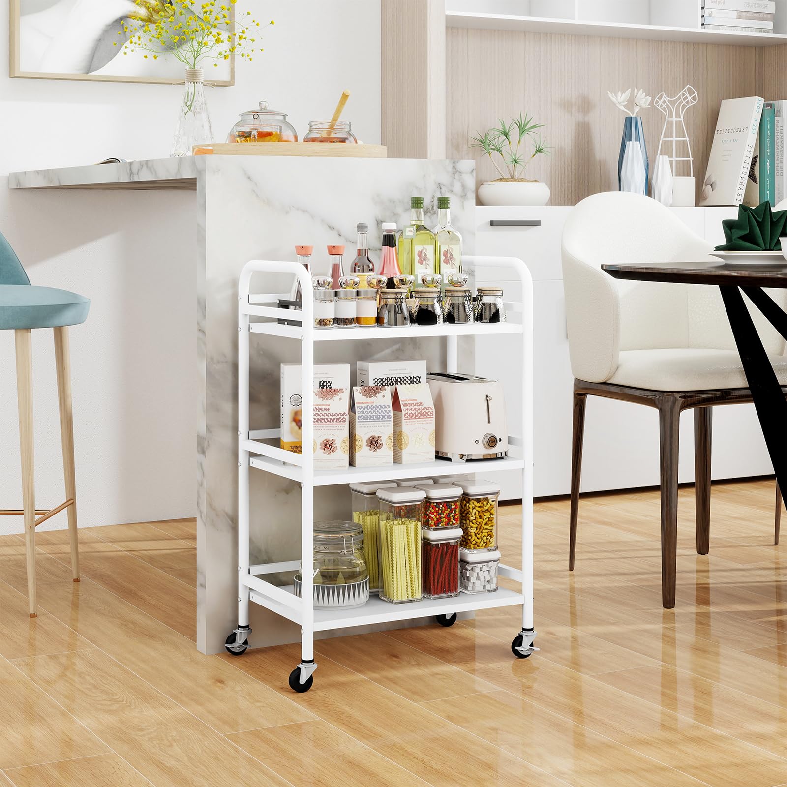 HDANI Carrello su ruote,Carrello Portaoggetti Metallico Con 3 Ripiani Carrello Organizer Con Ruote,Per Cucina,Trucco,Bagno,Ufficio,48×30×75cm,Bianco