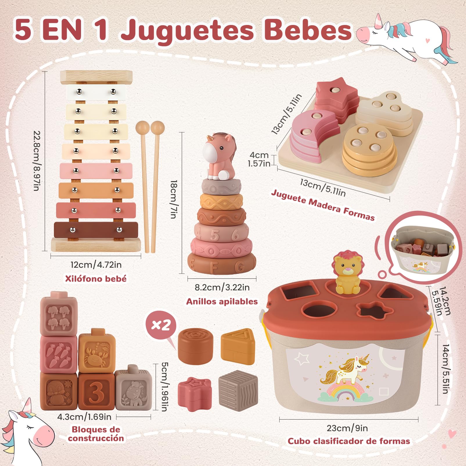Juguetes Bebes 6-12 Meses | 5 en 1 Juguetes Montessori Sensorial con Juguetes de Madera para Apilar y Clasificar,Juguete Educativo Bebé 6 9 12 Meses | Regalo 6 a 12 Meses Cumpleaños/Navidad