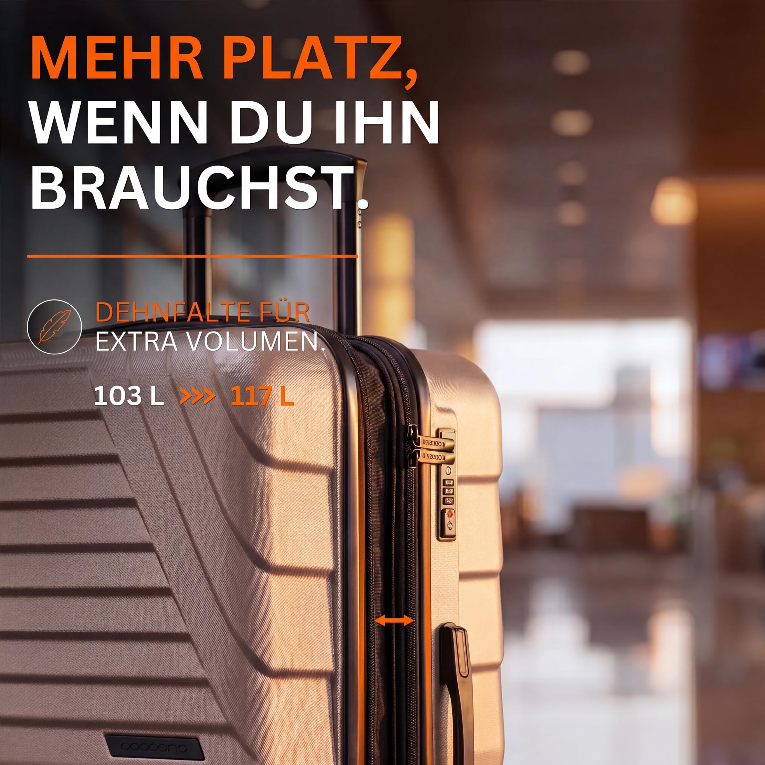 Hartschalenkoffer XL 100L erweiterbar auf 117L 158cm Gurtmaß 8 Rollen 360° drehbar TSA Schloss Teleskopgestänge Reisekoffer champagner