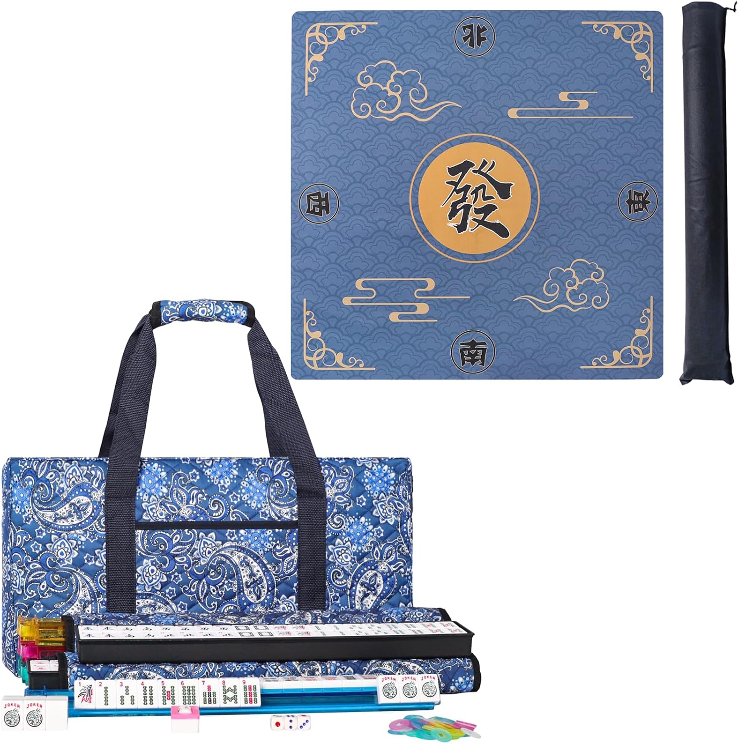 ZGME American Mahjong Set, 166 Tiles, 4 All-in-One Racks with Pushers, Anti-Slip Noise Reduction Mat, Blue, 31.5 x31.5 Inches