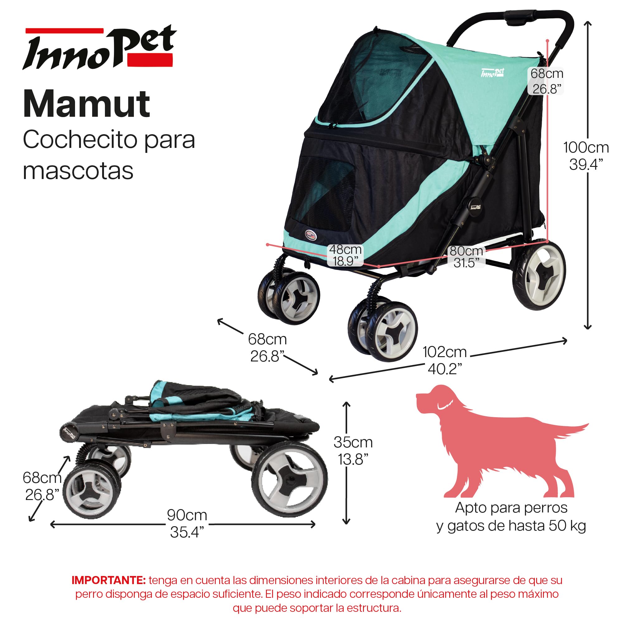 Innopet Mamut carrito grande azul - Cochecito para perros grandes hasta 50kg, incluye cubierta de lluvia, plegado rápido y ruedas delanteras giratorias