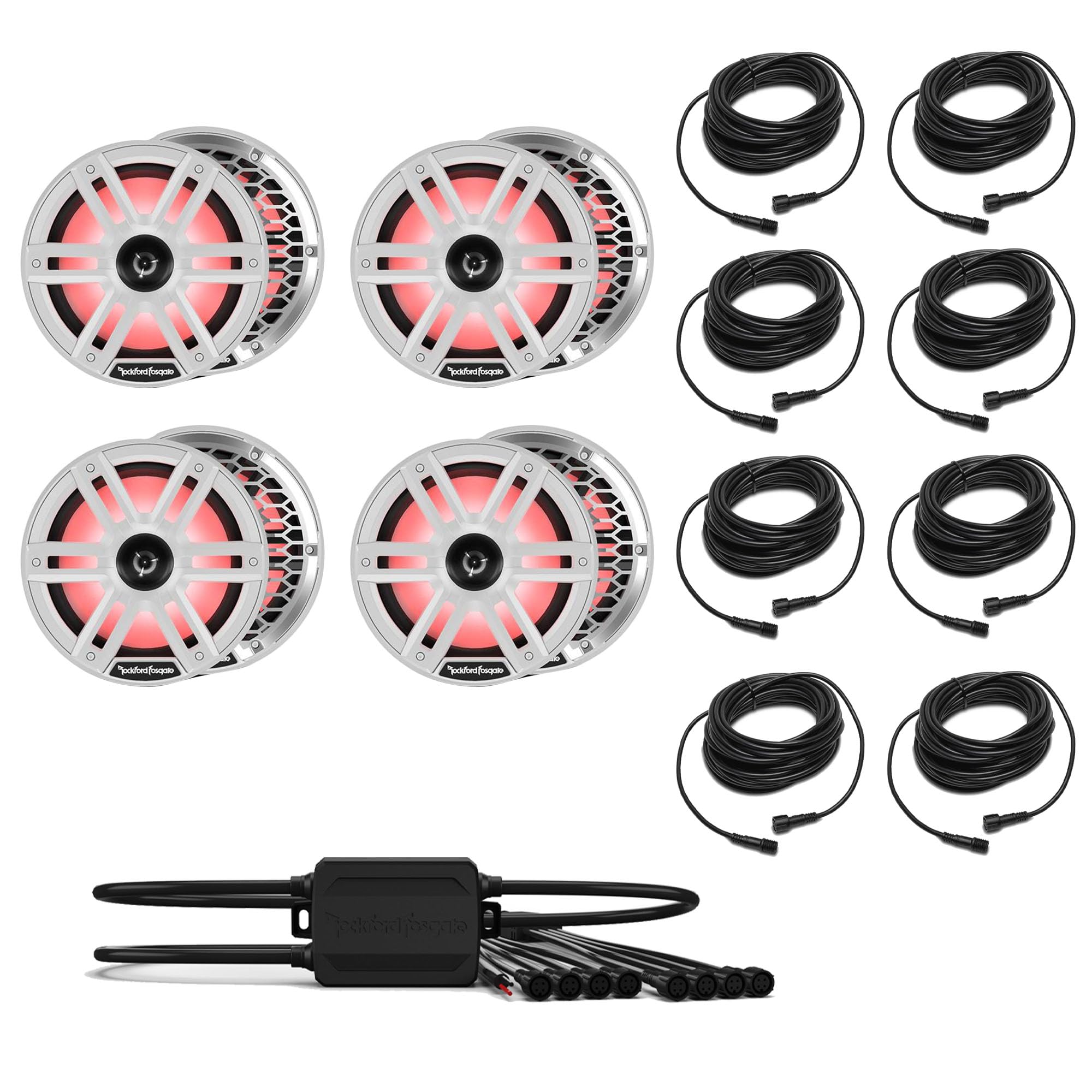 Rockford Fosgate 4 Pair M2-8H M2 Series 8" Horn Marine White & Stainless Grilles Included + (1) PMX-RGB Optix Light Controller + (8) RGB-25 25' Extension Cable