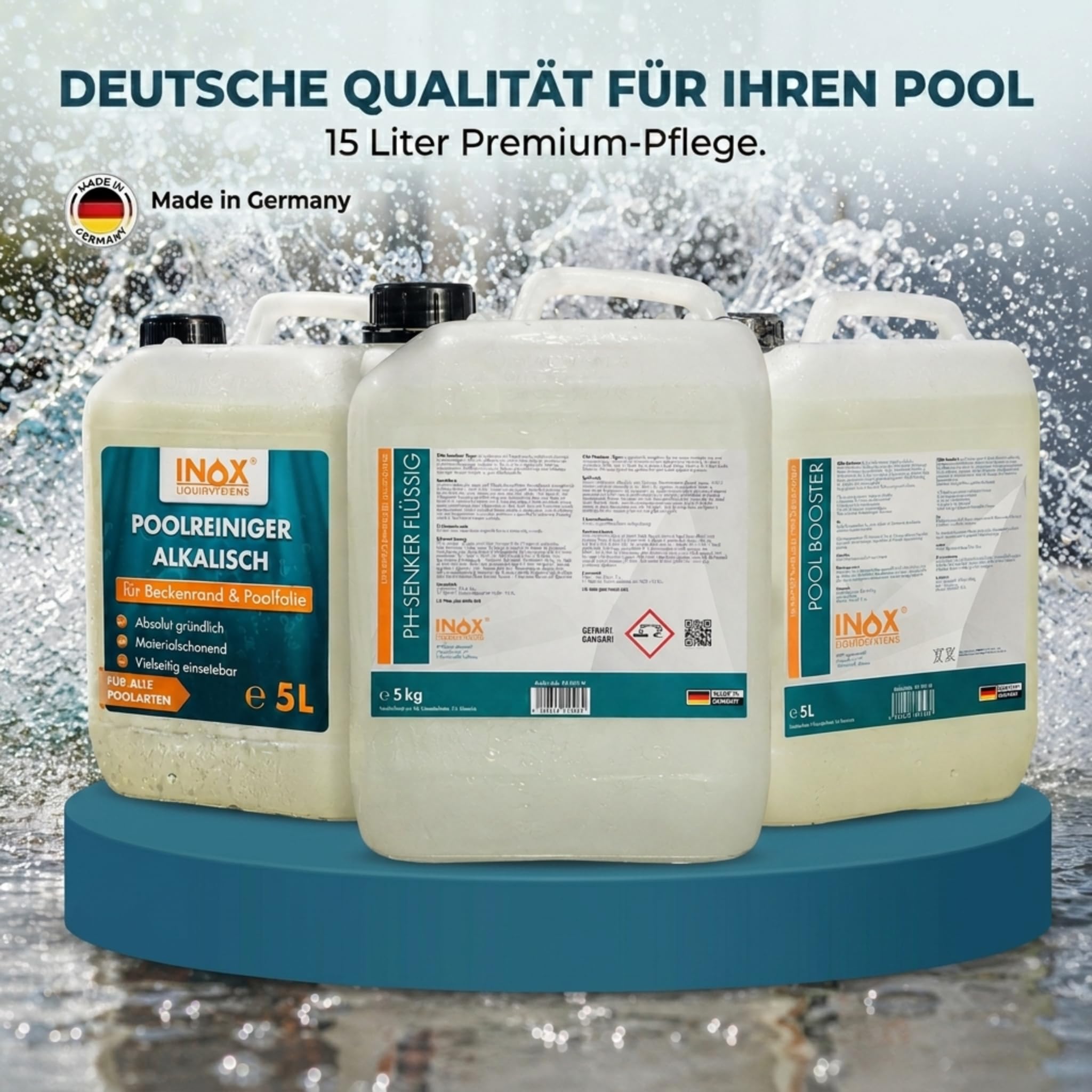 INOX Pool Pflegeset 3x5L - Algizid, pH Minus, Randreiniger - Made in Germany