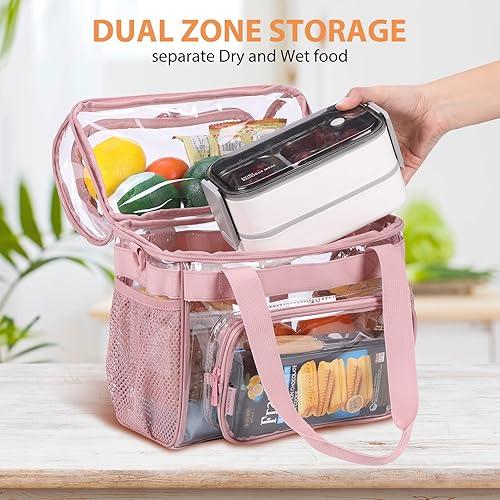 Miniatura 5 de BORMELUN Paquete de 2 bolsas de almuerzo color rosa transparente resistente para trabajo, bolsa grande para conciertos universitarios, deportes