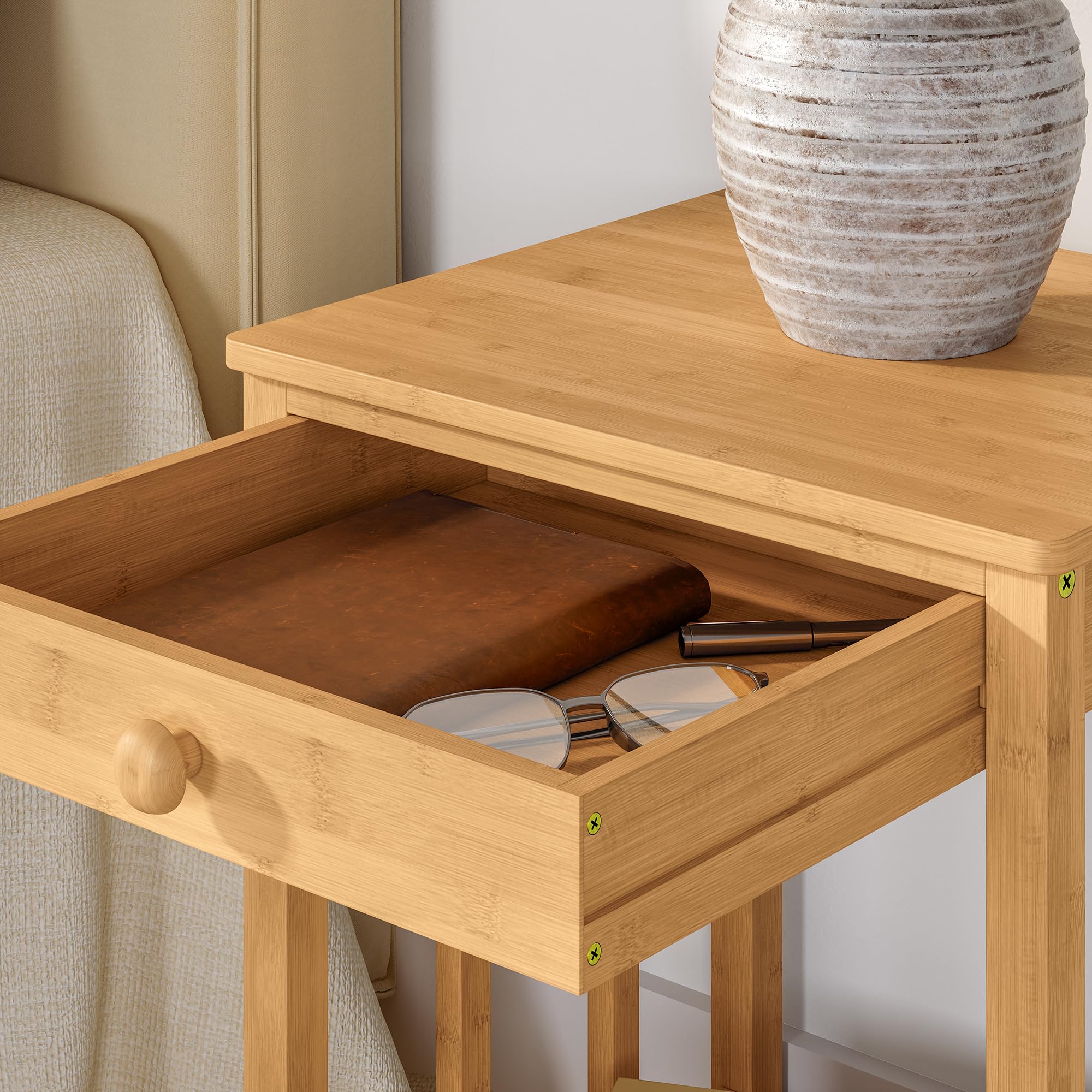 [en.casa] Juego de 2 Mesitas de Noche Ranua Rectangulares Set de 2 Mesas Auxiliares para Salón con Cajón Estante Muebles de Oficina Montaje Rápido Bambú 51 x 40 x 35 cm - Natural