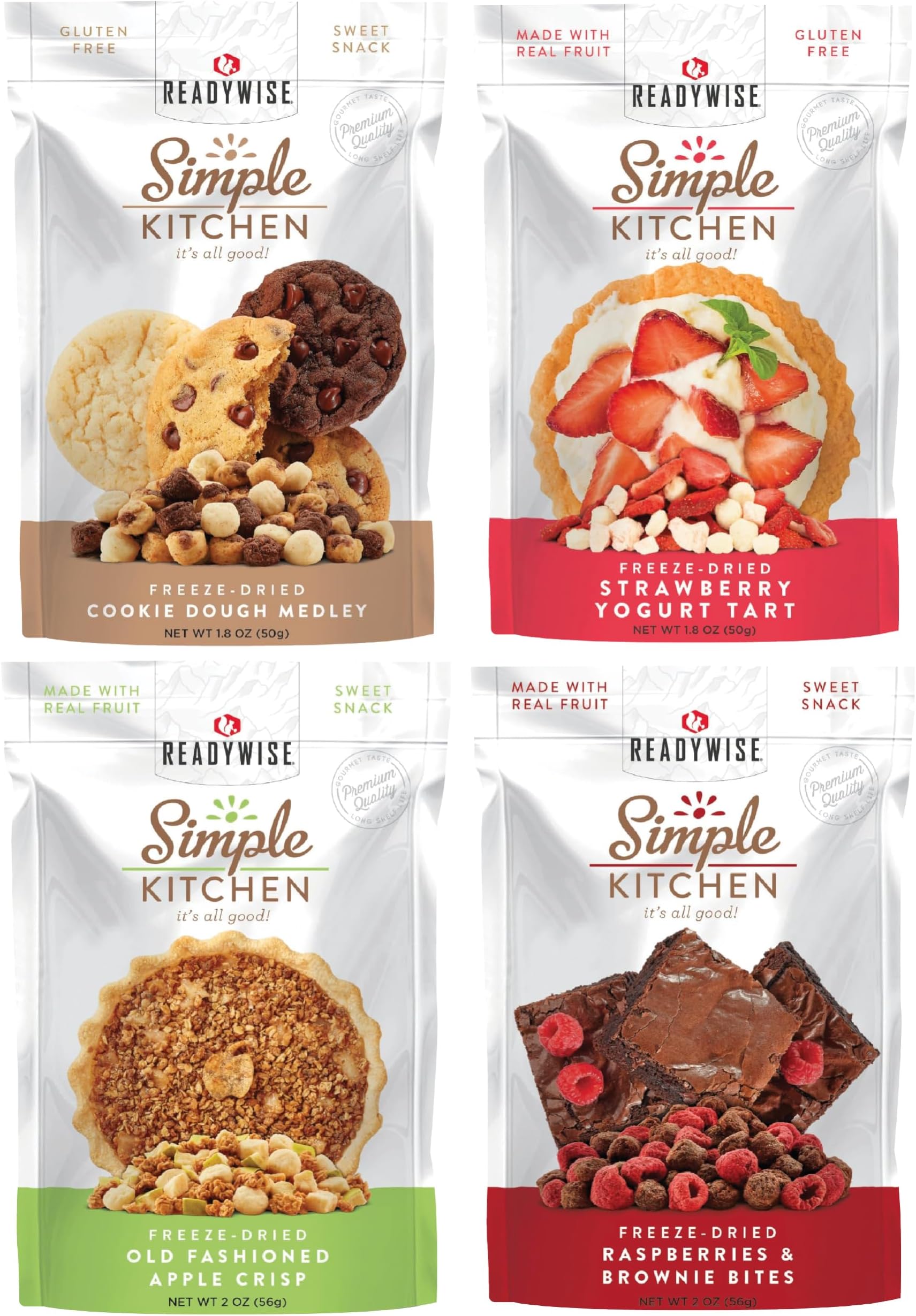 READYWISE - Simple Kitchen, Sweet Treats Variety Pack, 8 Servings, Pack of 4, Fruit Snacks, Healthy, Organic, Chips, Gluten Free Options, Camping, Hiking Snacks, Backpacking Food, Resealable Pouch