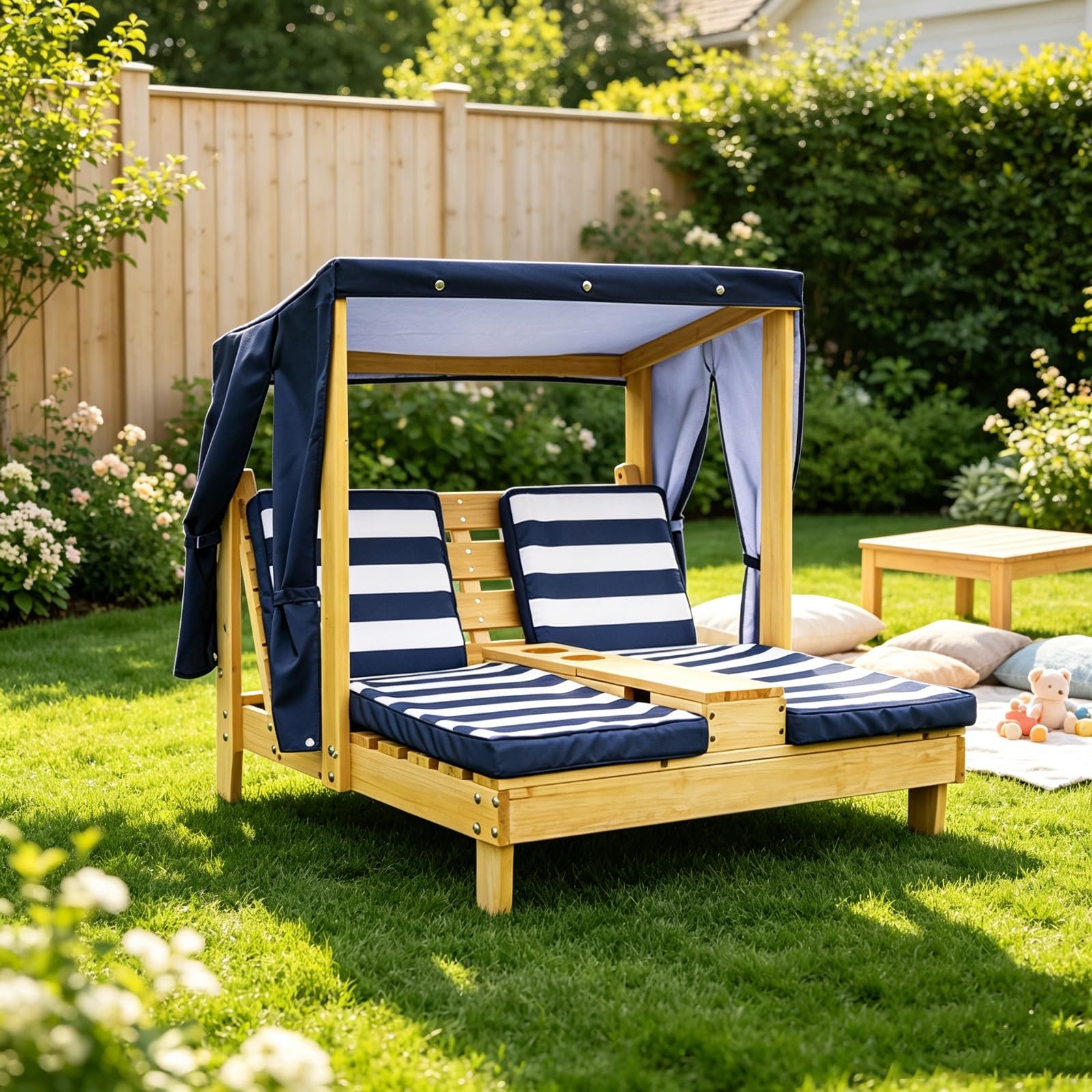 Sdraio Doppia per Bambini con Cuscino & Parasole Integrato | Lettino Da Giardino Per Bambini in Legno, Sdraio per Spiaggia & Balcone & Bordo Piscina(Blue)