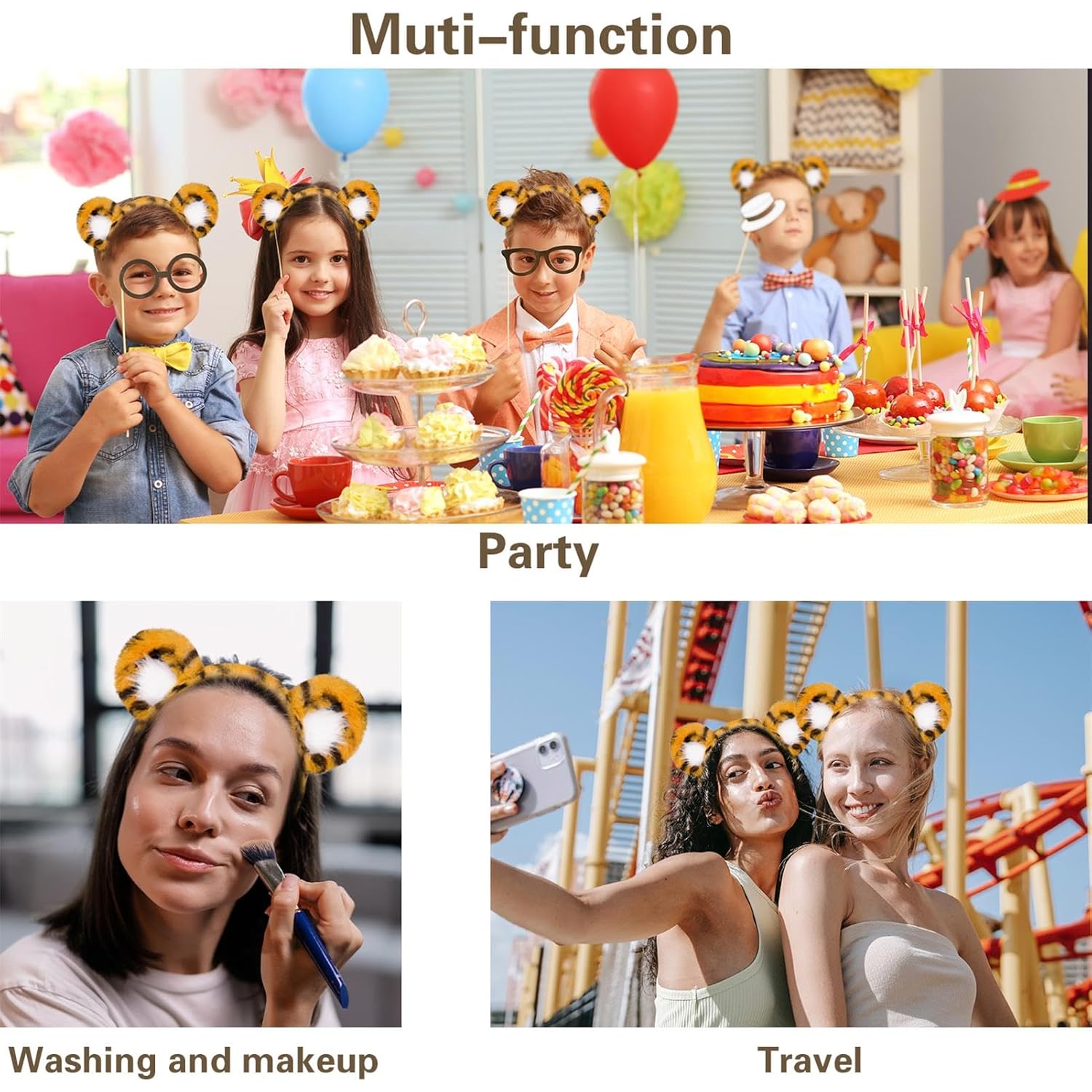 Beviliu 2Pack Animals Ear Tiger Ears Headband Realistic Fluffy Cat Bunny Dog Monkey Headbands Halloween Christmas Costume for Washing Makeup Cosplay Party - Image 6