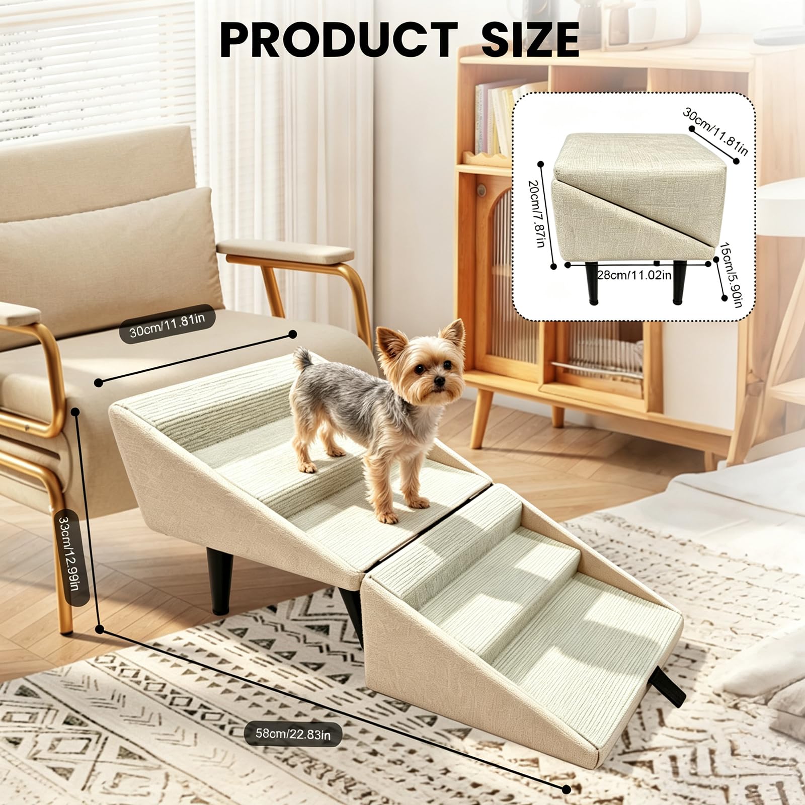 Escalera para Perros Plegable, 2 en 1 Multifuncionales Rampa para Perros y Otomana, Antideslizante Escaleras y Escalones para Pequeños, Soporta Fácil Acceso a Camas y Sofá