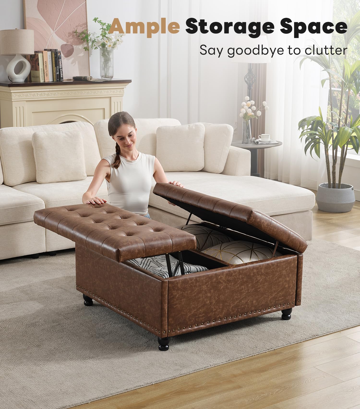Tbfit Grande panca ottomana quadrata da 90,2 cm, ottomana imbottita trapuntata con contenitore, contenitore per giocattoli oversize per soggiorno, marrone