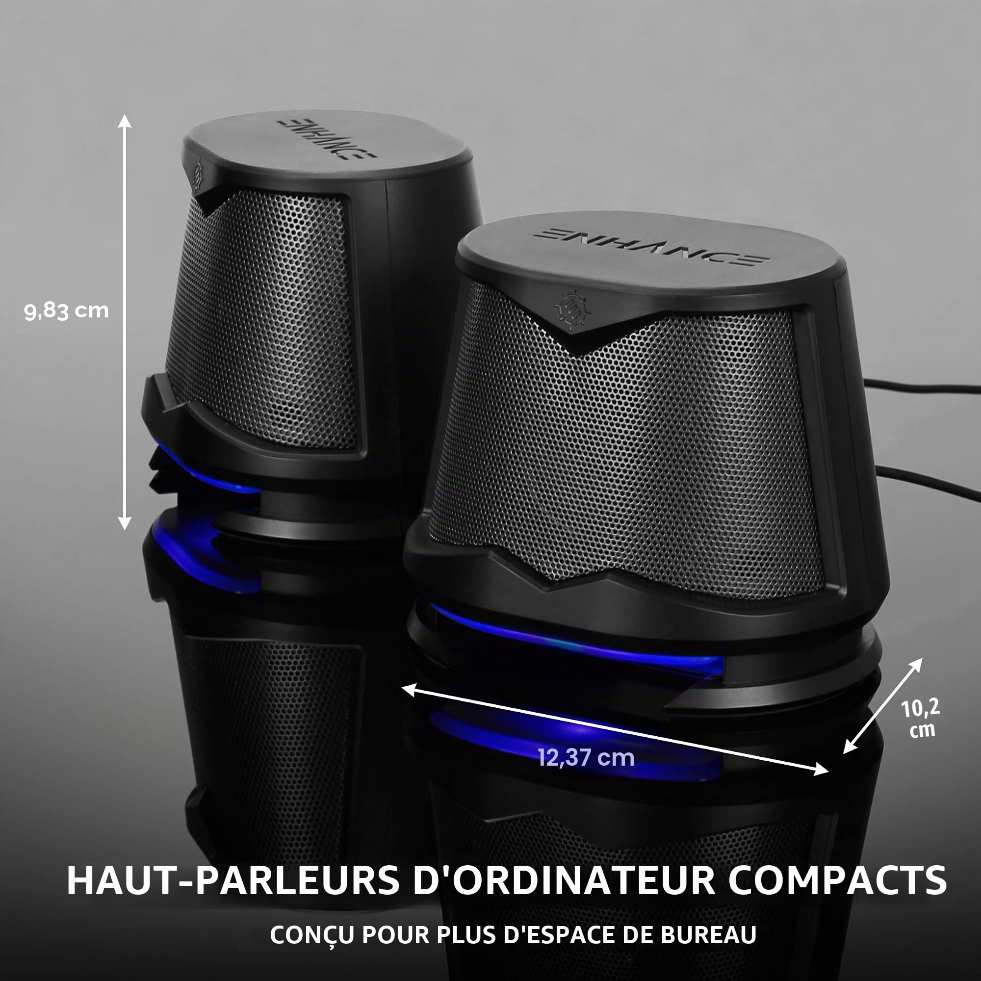 ENHANCE SB2 Haut-parleurs pour PC avec lumières LED Bleues et Design alimenté par USB 2.0 – Son de crête de 10 W, Connexion Filaire de 3,5 mm, contrôle du Volume en Ligne – Compatible avec Ordinateur