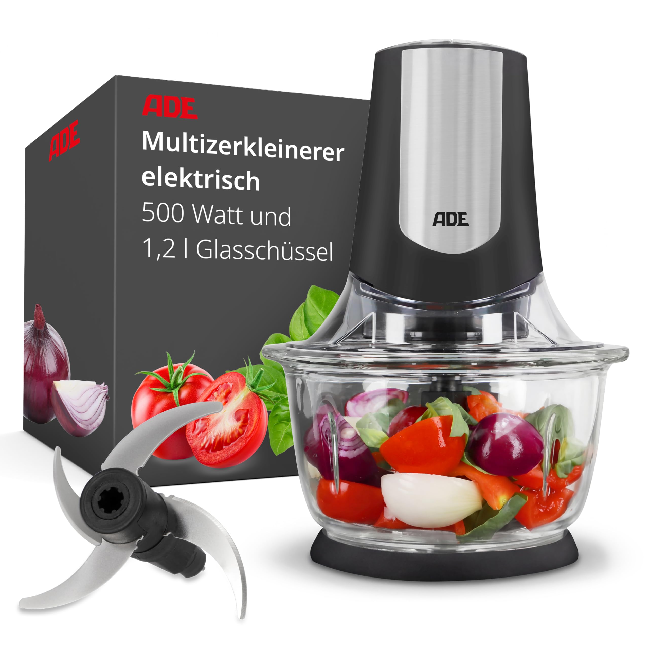 ADE Kraftvoller elektrischer Zerkleinerer | starker 500 W Motor | große 1,2 l Glasschüssel | 4 Edelstahlklingen | 2 Geschwindigkeiten | Zwiebeln, Gemüse, Fleisch | Zwiebelschneider