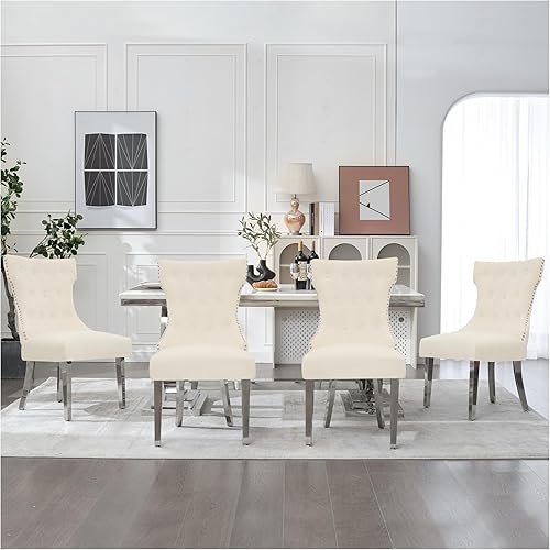 Miniatura 25 de Juego de 4 sillas de comedor de terciopelo, sillas de cocina tapizadas con patas Mteal, respaldo moderno con botones copetudos y ribete cuadrado de