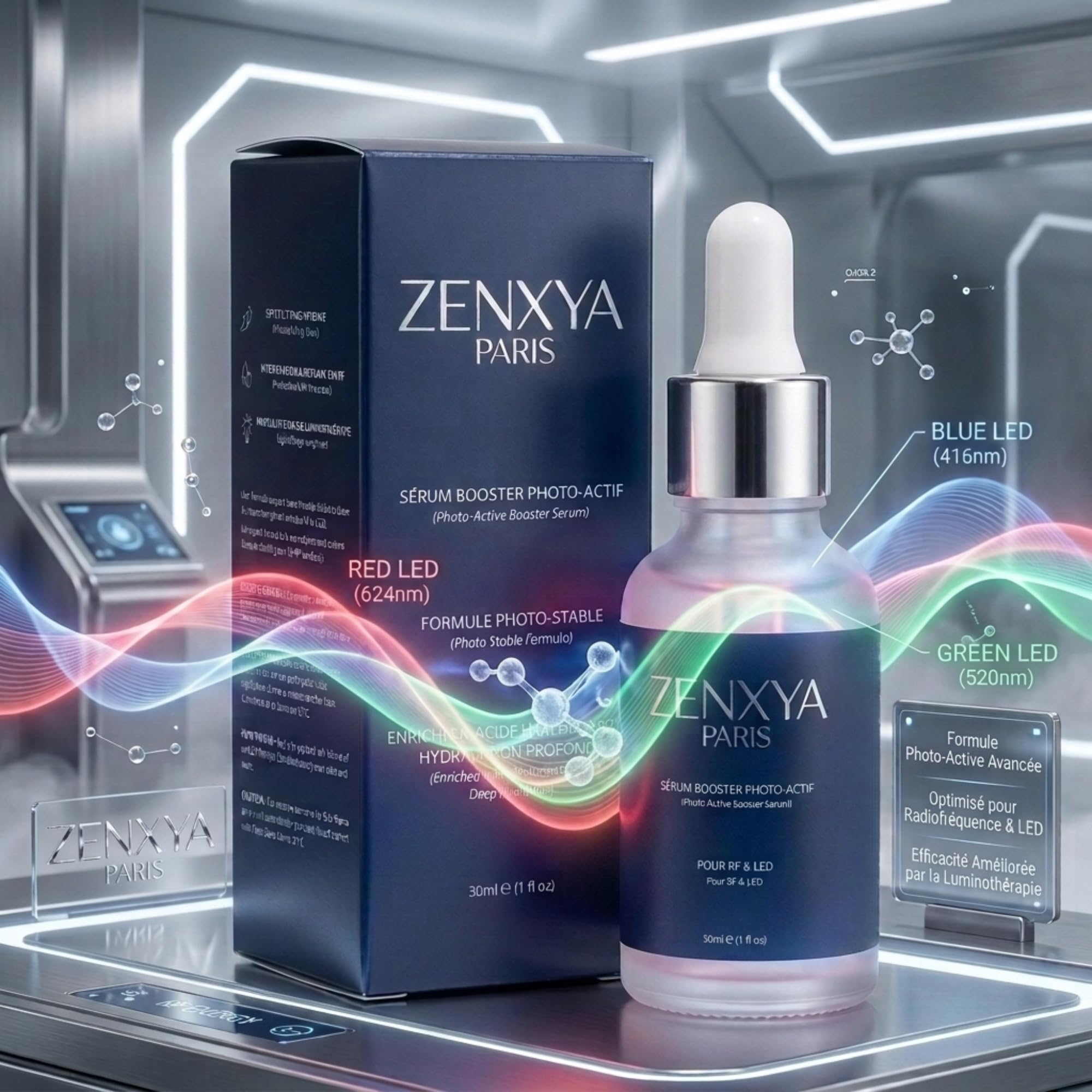 ZENXYA® PARIS – Sérum Booster Photo-Actif – Acide Hyaluronique Pur – Soin Universel Hommes & Femmes – Optimisé pour Radiofréquence (RF) & Appareils de soin LED – Anti-Âge Haute Performance – 30ml