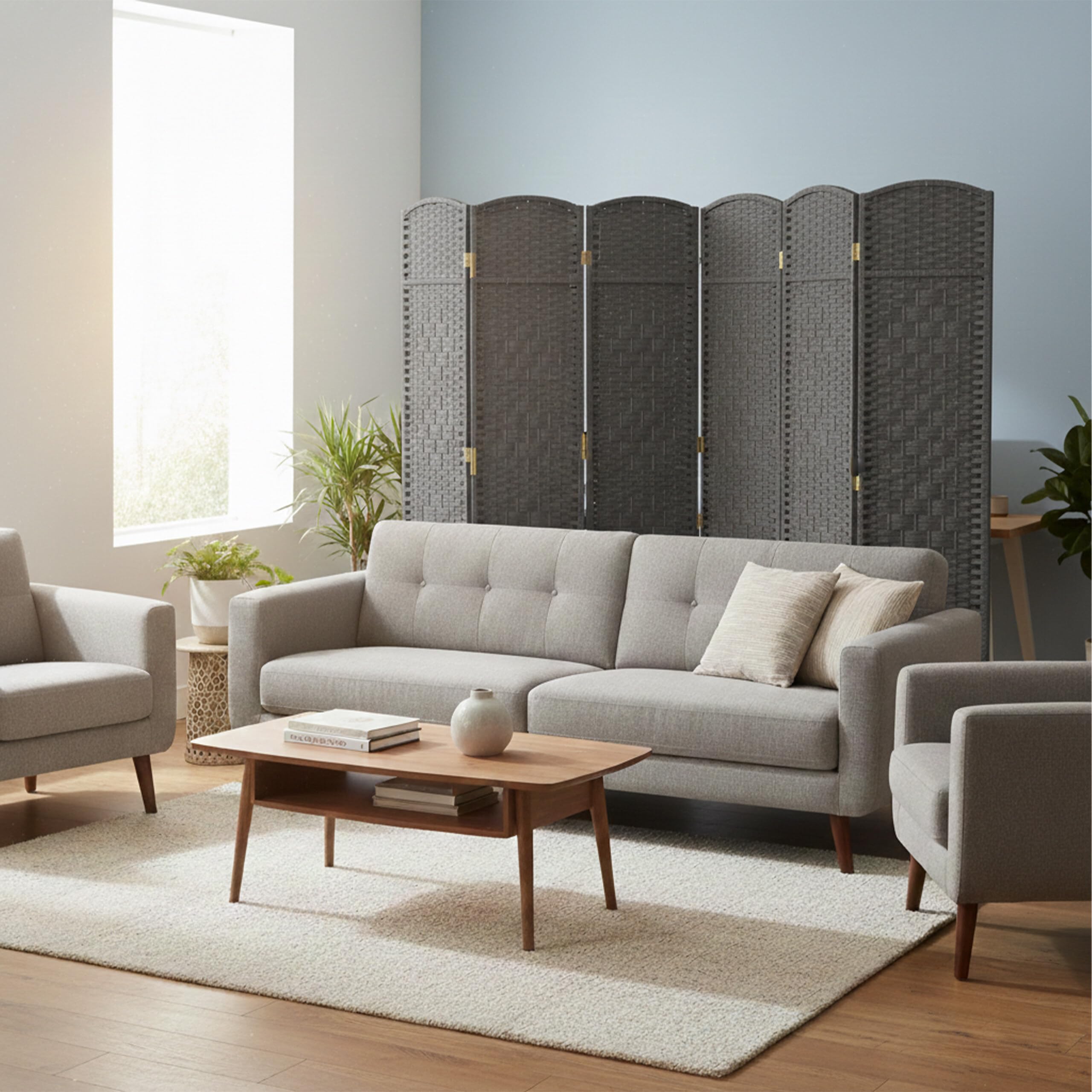 Relaxdays Paravent intérieur 6 Parties, HxL 170 x 240 cm, séparateur Pliable, Bois & Corde Papier, Gris