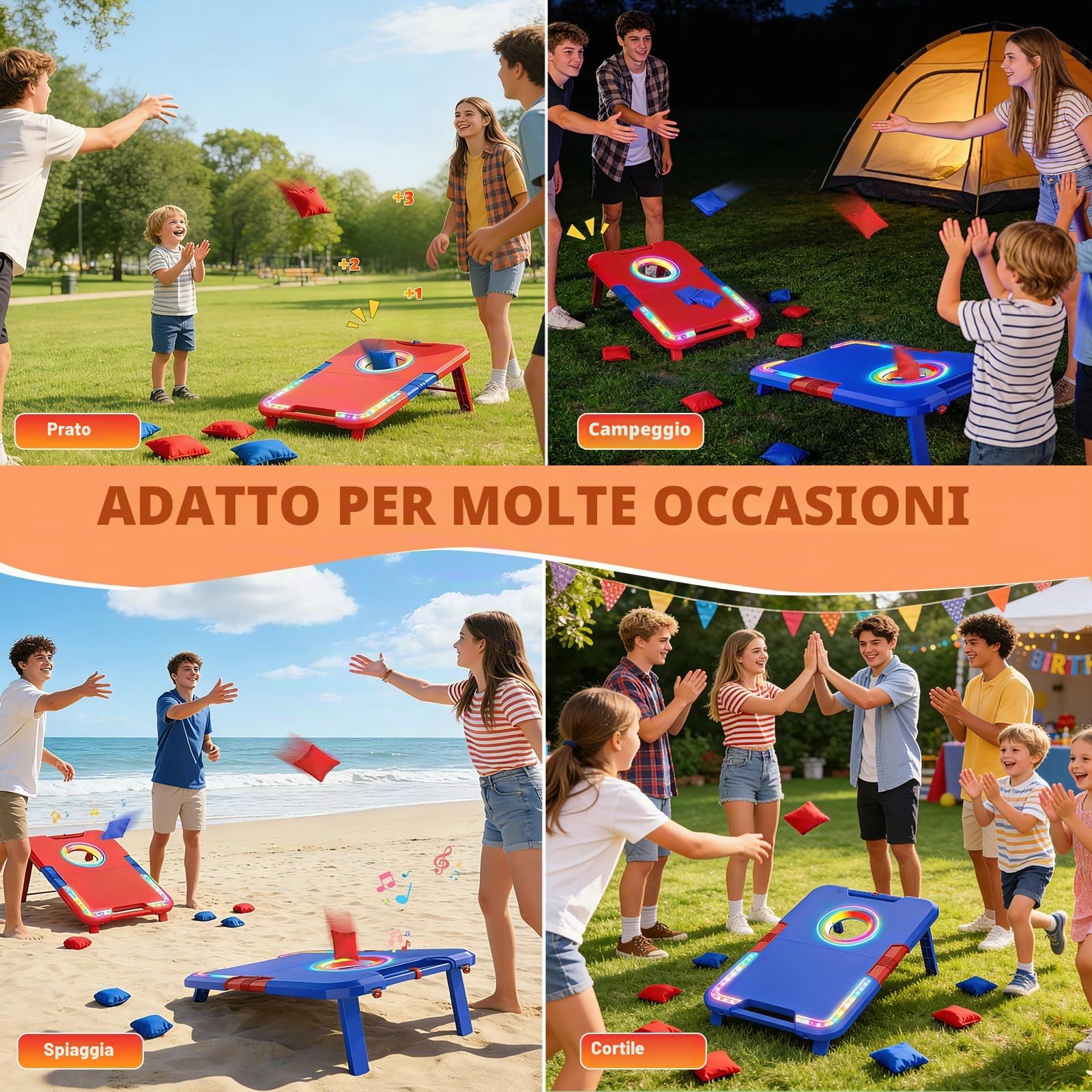 VATOS Set da Cornhole Portatile con Luci LED ed Effetti Sonori, Punteggiatore, Pieghevole – 2 Tavole e 8 Sacchetti per Giardino, Campeggio, Feste nel Posto Auto, Gioco all’Aperto per Bambini e Adulti | 2 tavole pieghevoli e 8 pouf per cortile, campeggio,